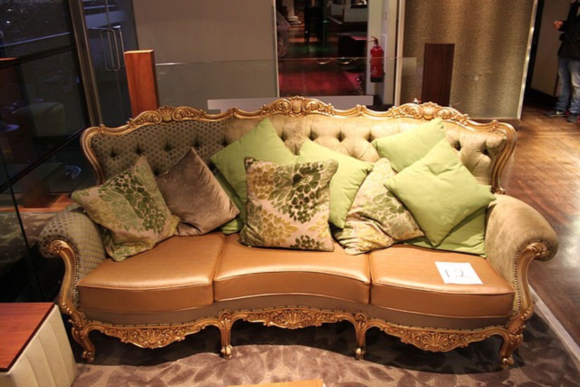 French Louis style sofa gilt wood, leather and upholstered with loose cushions 2150mm x 1000mm x - Image 3 of 4