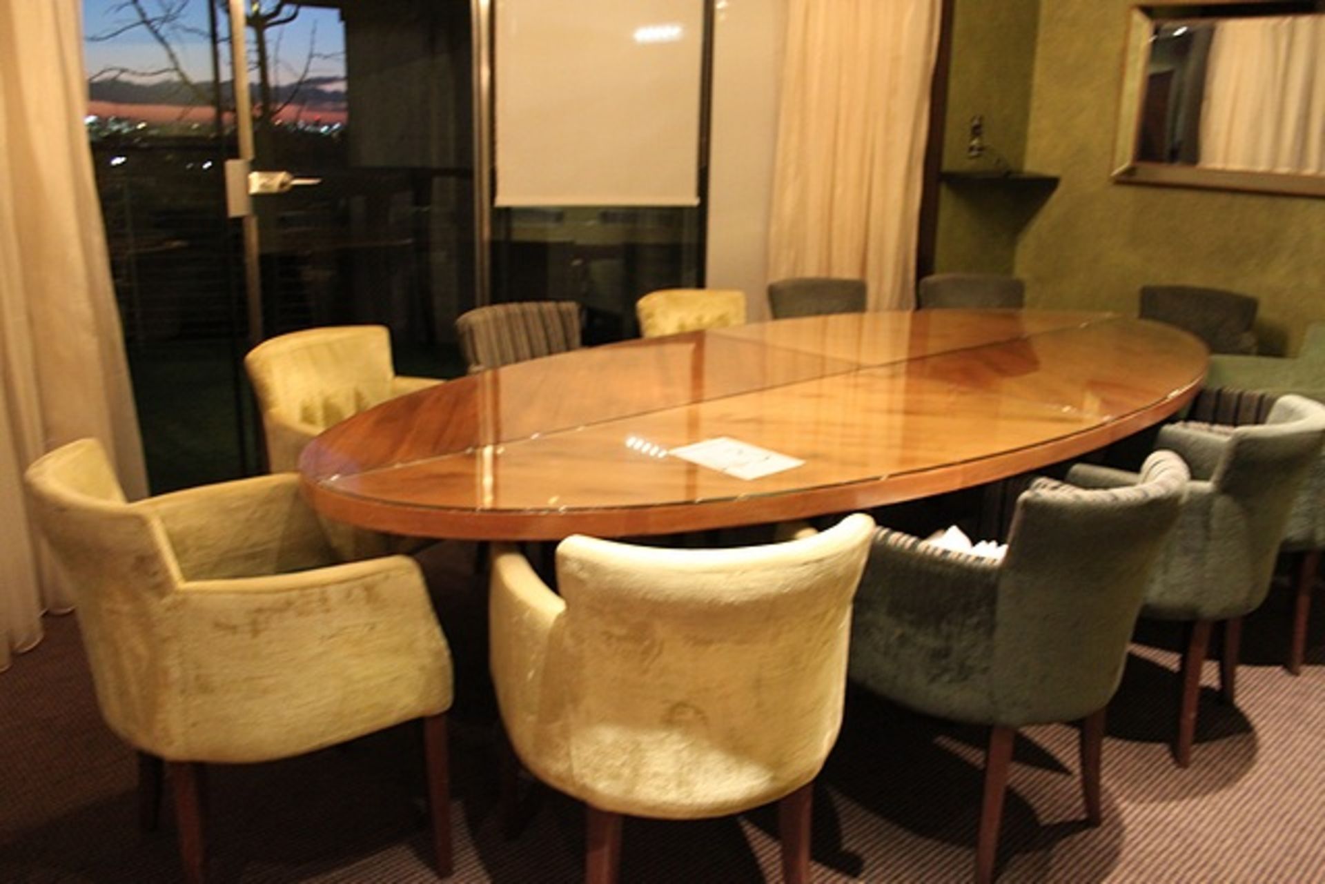 Ovoid walnut veneer boardroom table mounted on 3 metal pedestals 3200mm x 1350mm complete with 12 - Image 4 of 4