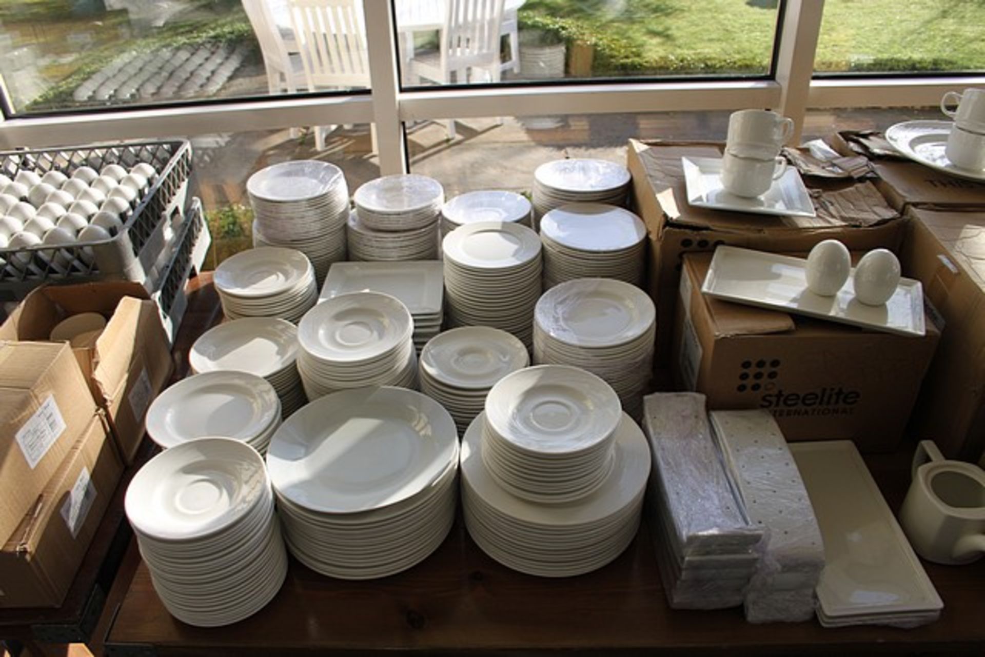 A large quantity of white tableware comprising of cups, saucers, plates, milk jugs, cruet sets, - Image 2 of 7