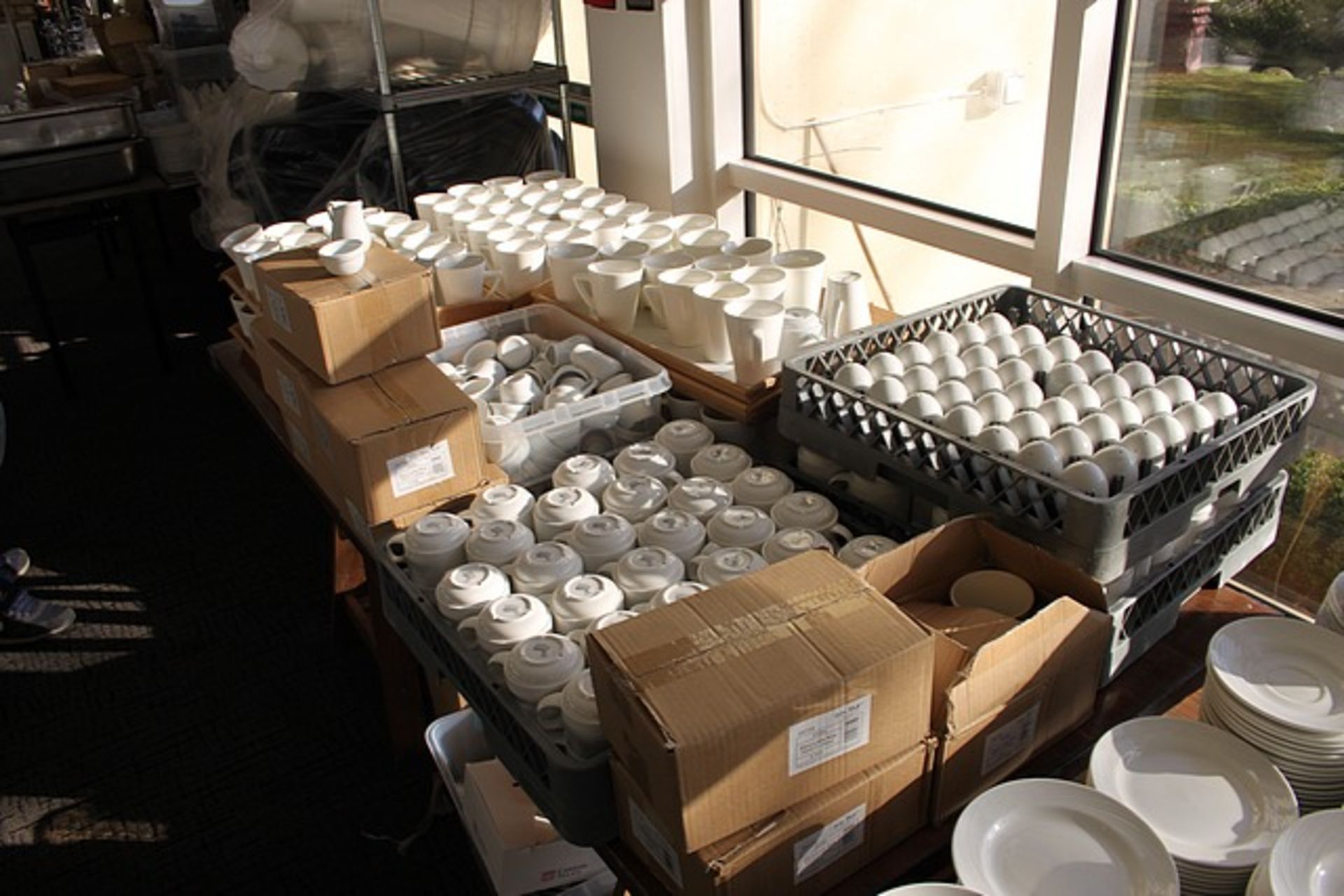 A large quantity of white tableware comprising of cups, saucers, plates, milk jugs, cruet sets, - Image 4 of 7