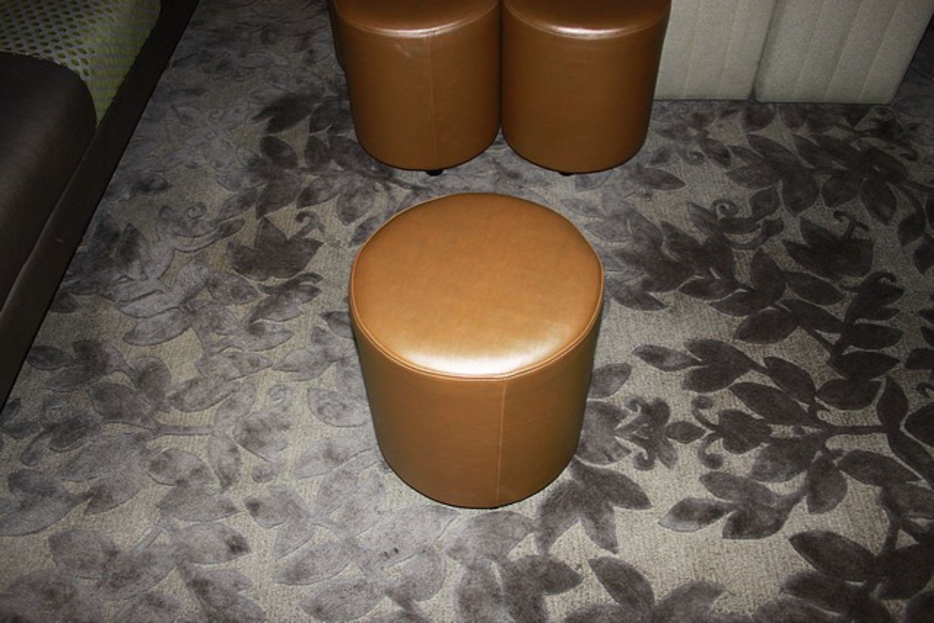 5 x Leather caramel leather upholstered cylindrical stool pitch 390mm x 430mm tall