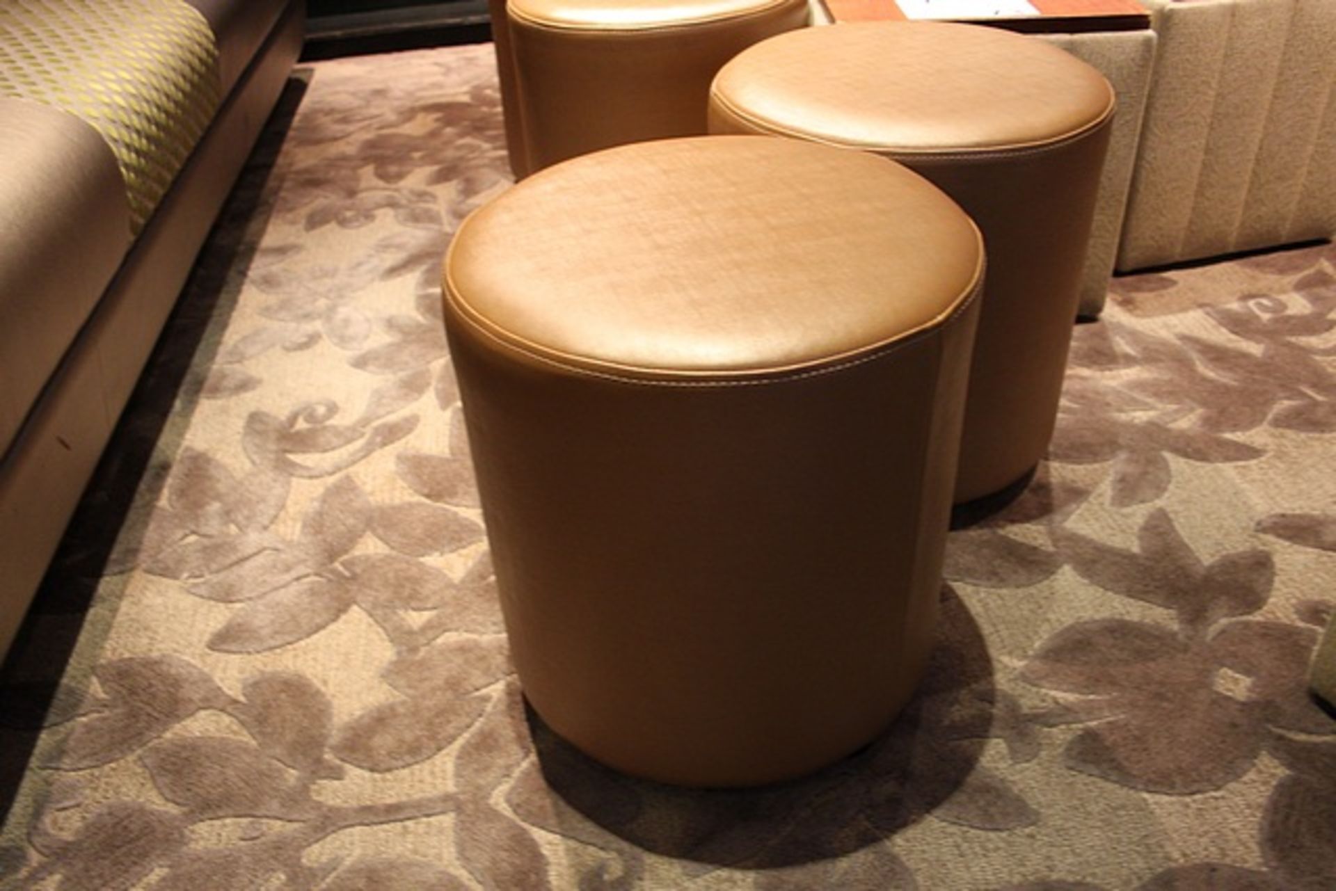 5 x Leather caramel leather upholstered cylindrical stool pitch 390mm x 430mm tall - Image 2 of 2