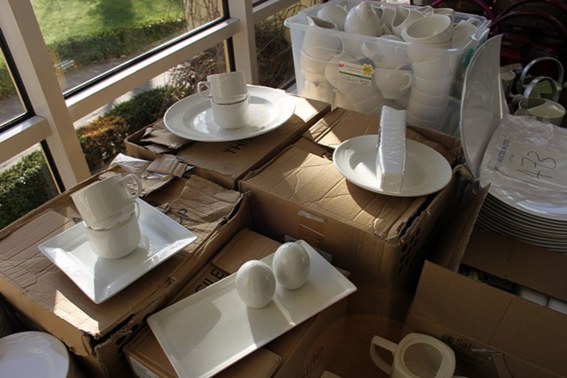 A large quantity of white tableware comprising of cups, saucers, plates, milk jugs, cruet sets, - Image 3 of 7