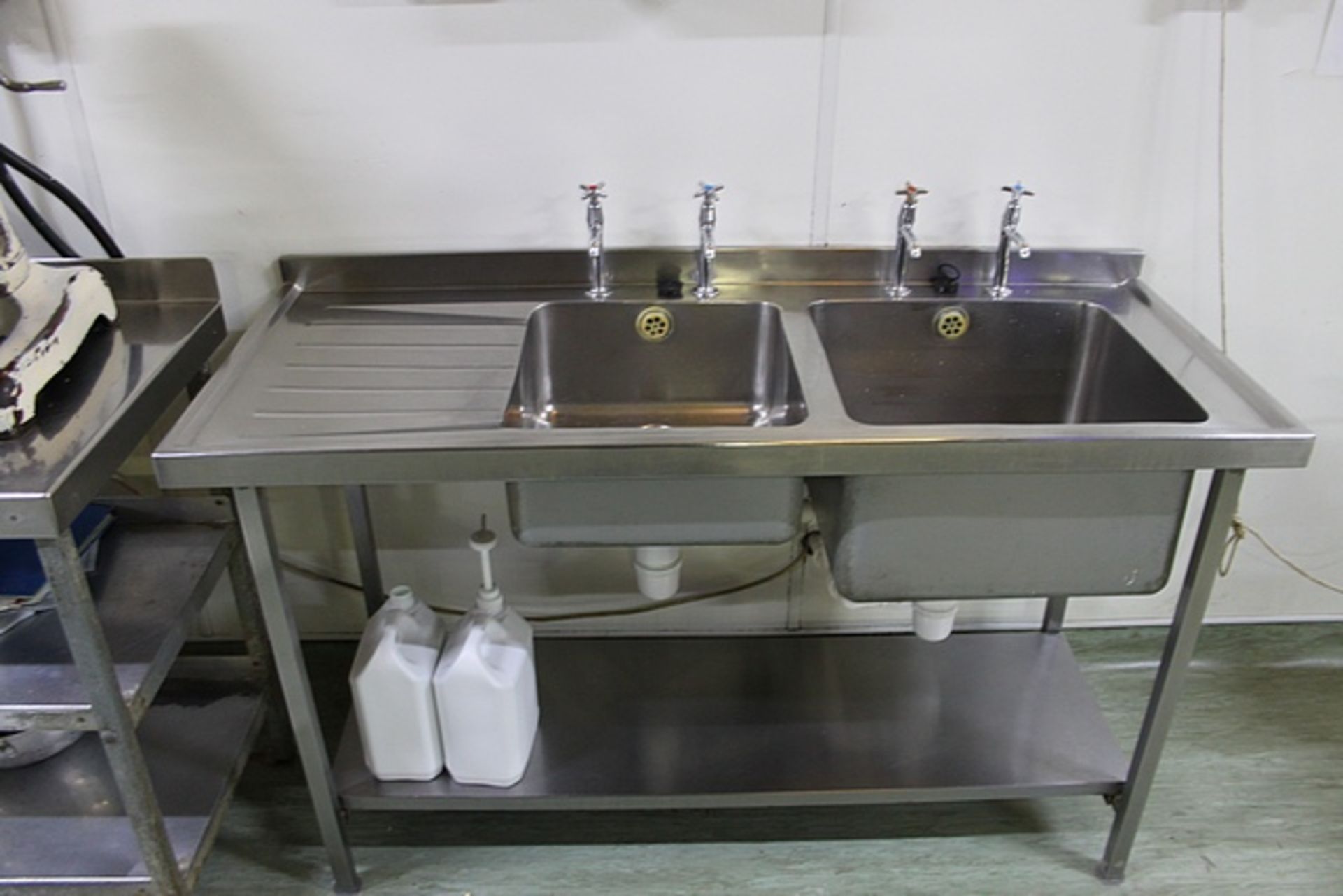Stainless steel twin bowl utensil sink LHR with under shelf 1500mm