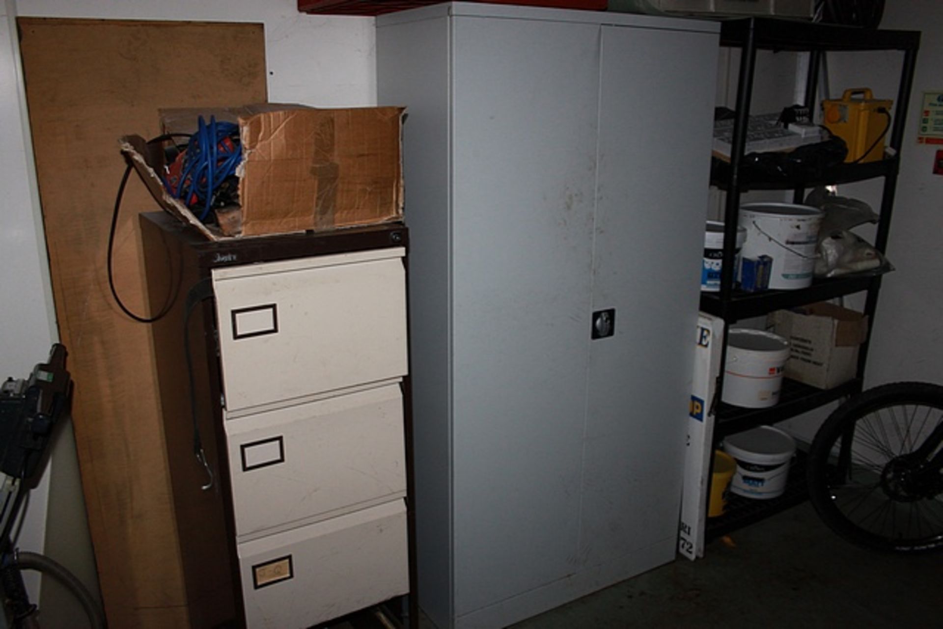 Metal 2 door cupboard, filing cabinet and five tier storage rack