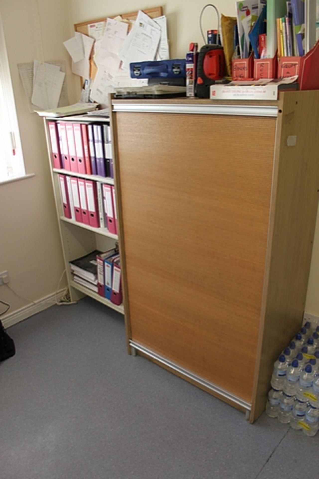 A metal 2 door cabinet, single door metal cabinet, wooden tambour cabinet a four door metal filing