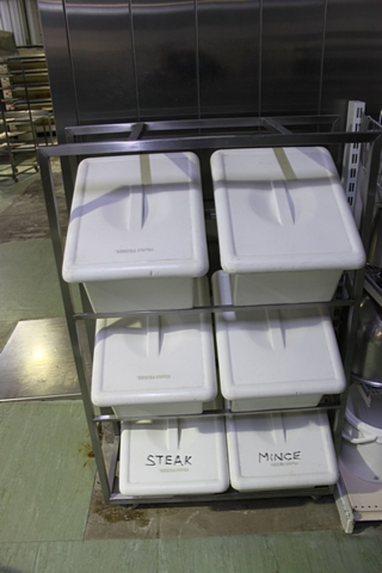 Stainless steel mobile ingredient tub trolley complete with 6 x FB012L tubs