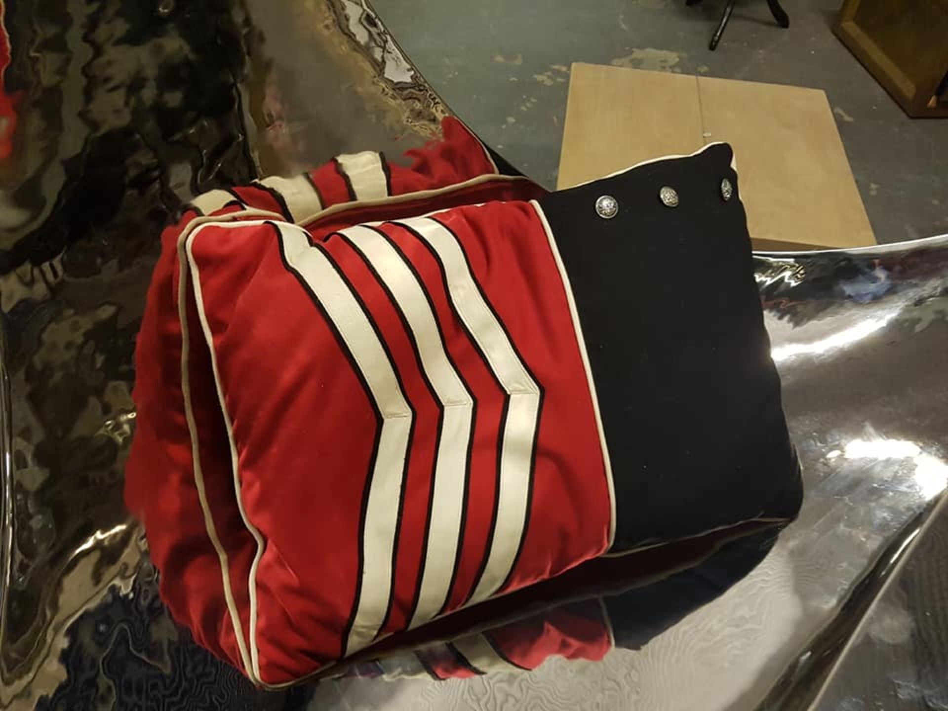 2 x A Military-Inspired Cushion Hand-Sewn With Vintage Elements Red And Black Stiped 65cm x 47cm RRP