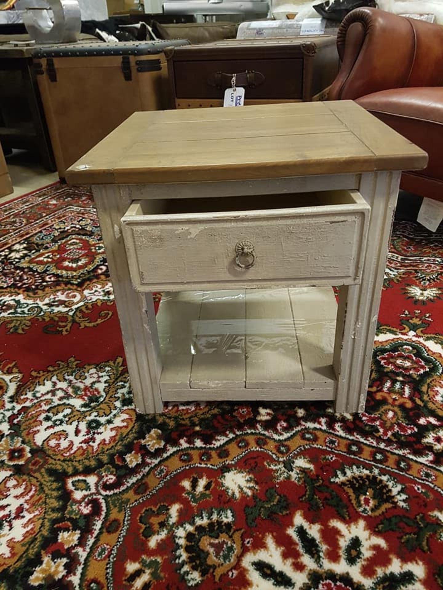 Distressed Painted Side Table With Drawer And Magazine Shelf Parquet Wood Top 50 x 50 x 50cm