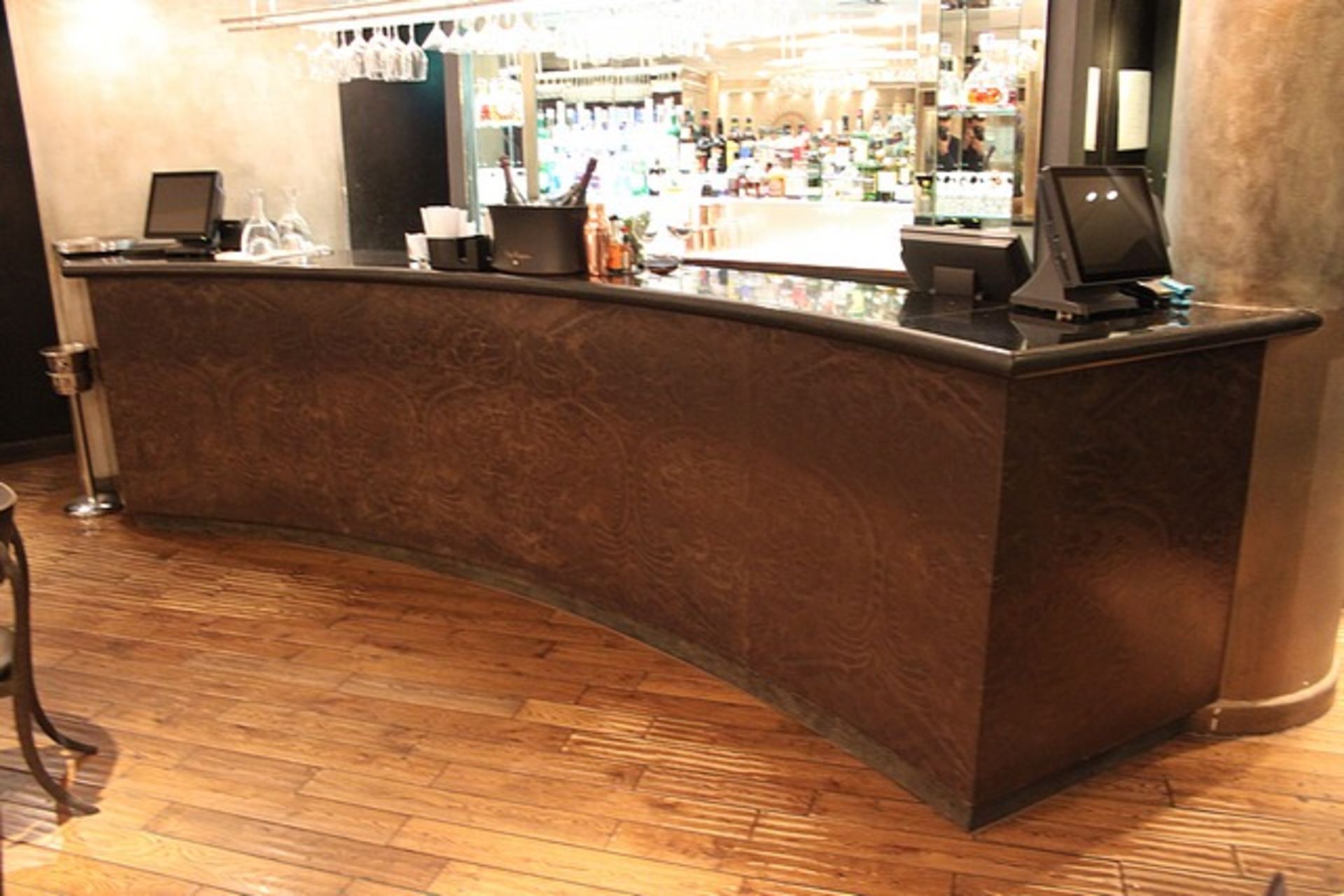 Complete bar counter comprising of a dark wood copper effect laminated front bar with honed marble - Image 3 of 8