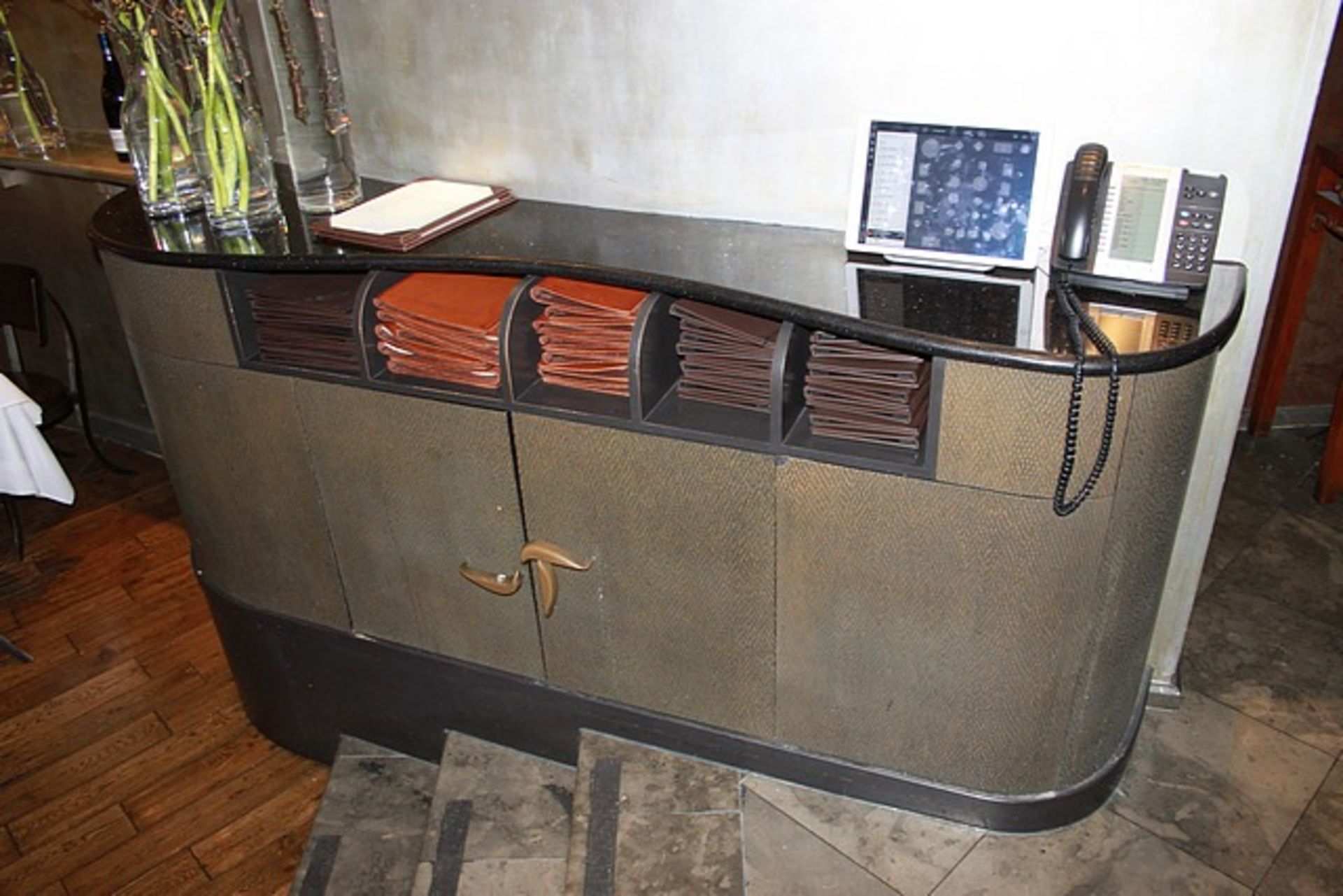 Dumb waiter station sideboard wooded framed cabinet finished in bronzed copper facia doors with