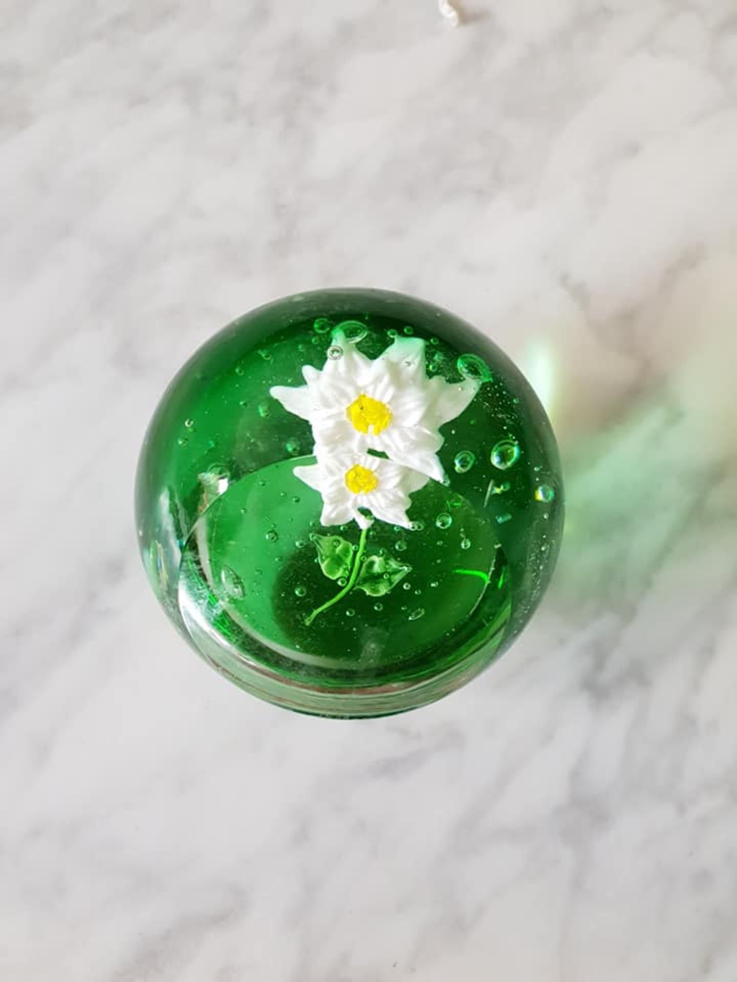 Bohemian blown art glass sphere paperweight 8cm light green with white flower yellow middle and - Image 2 of 2