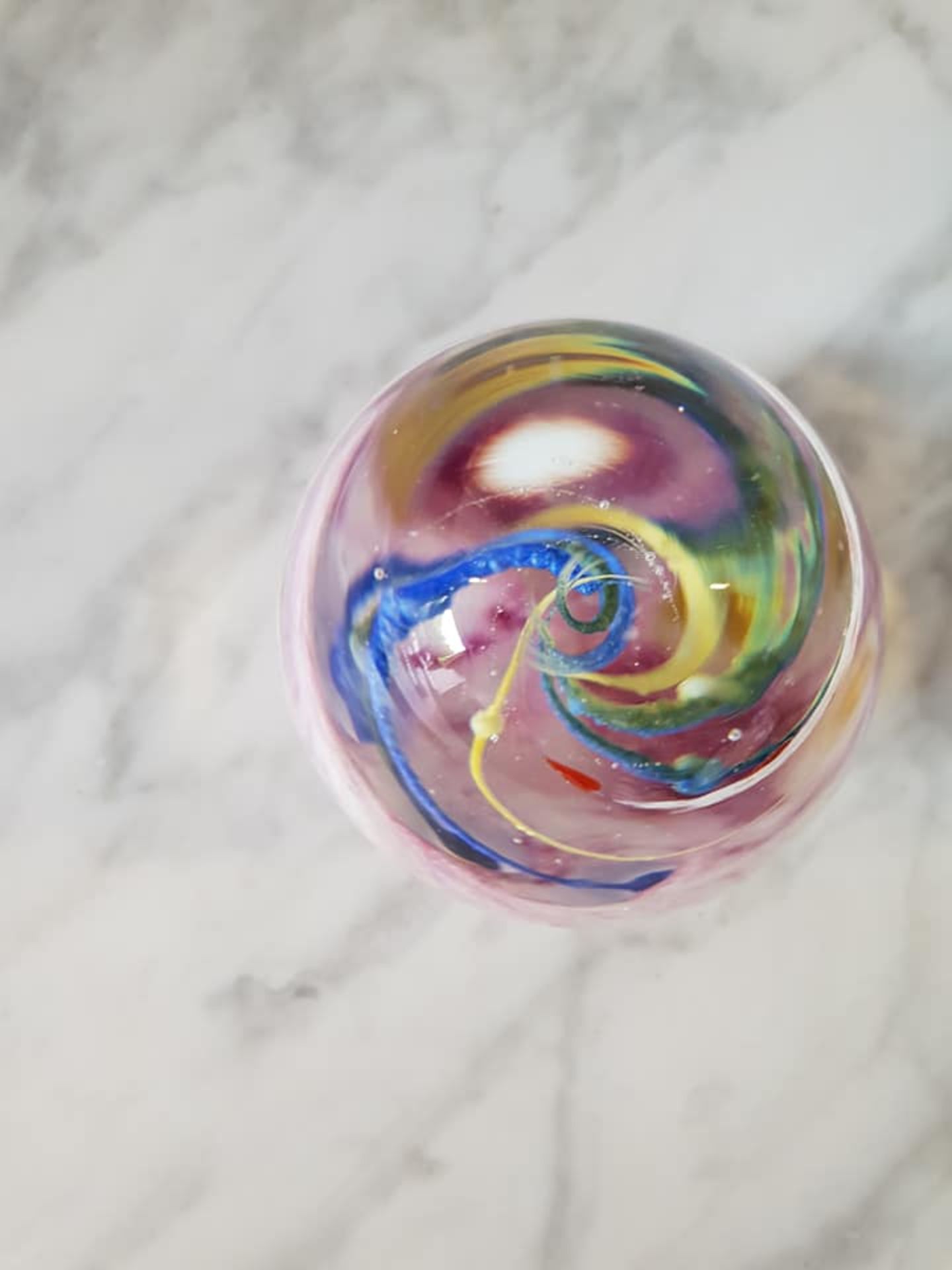 Bohemian blown art glass ovoid paperweight 9cm swirls of pink and white with blue and yellow bands - Image 2 of 2