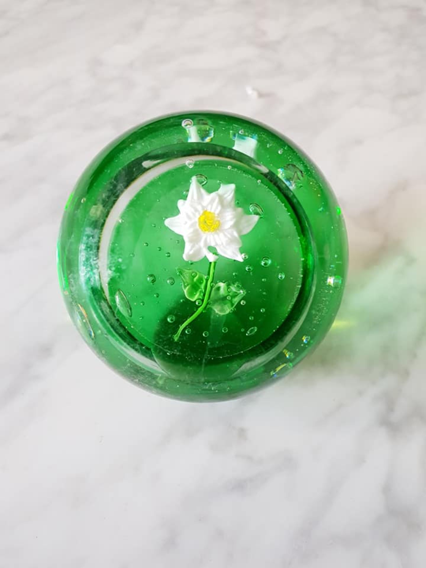 Bohemian blown art glass sphere paperweight 8cm light green with white flower yellow middle and