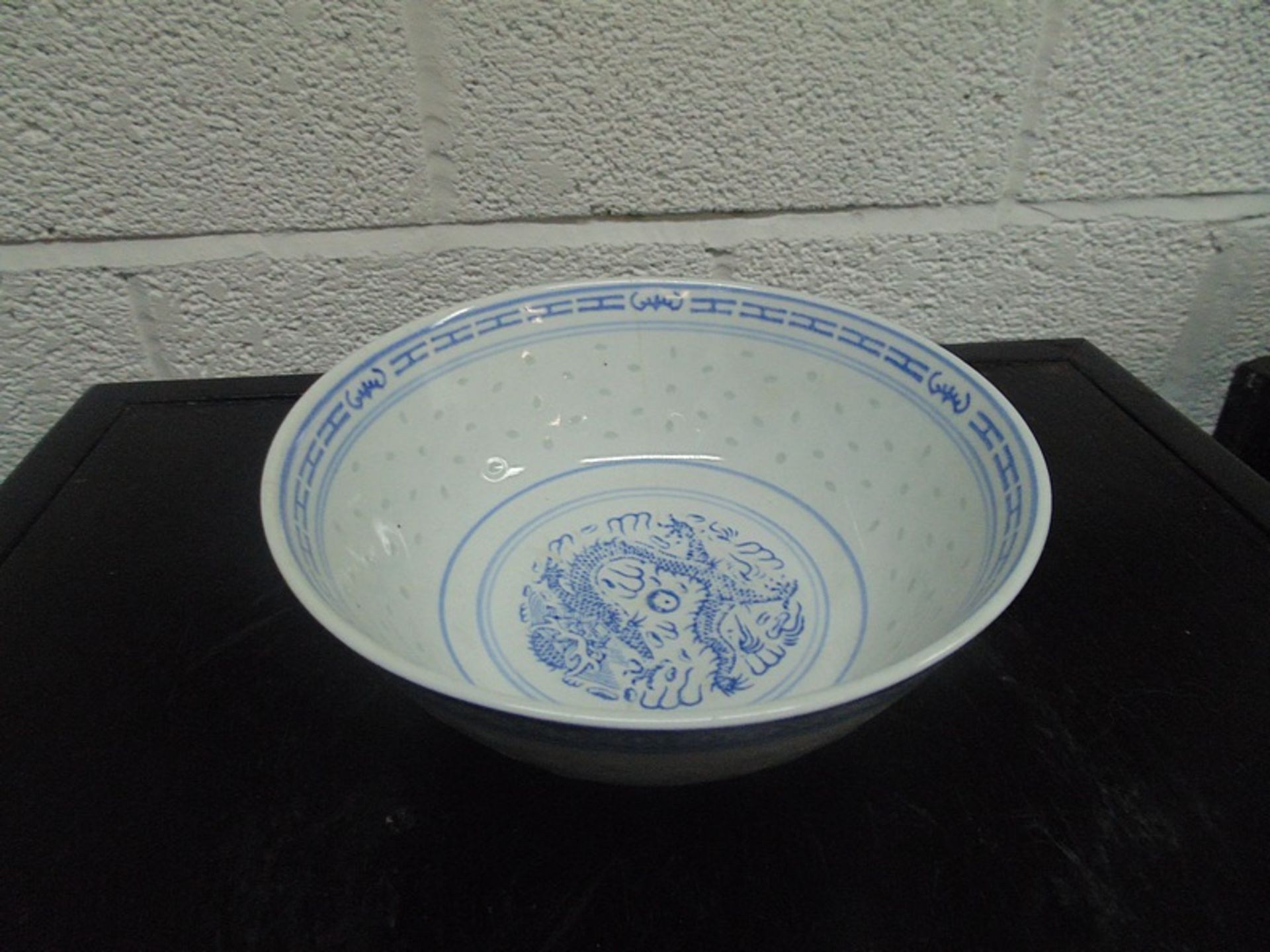 Vintage Chinese Blue & White Rice Grain / Eyes Dragon Pattern Serving Bowl( Location ID 357)