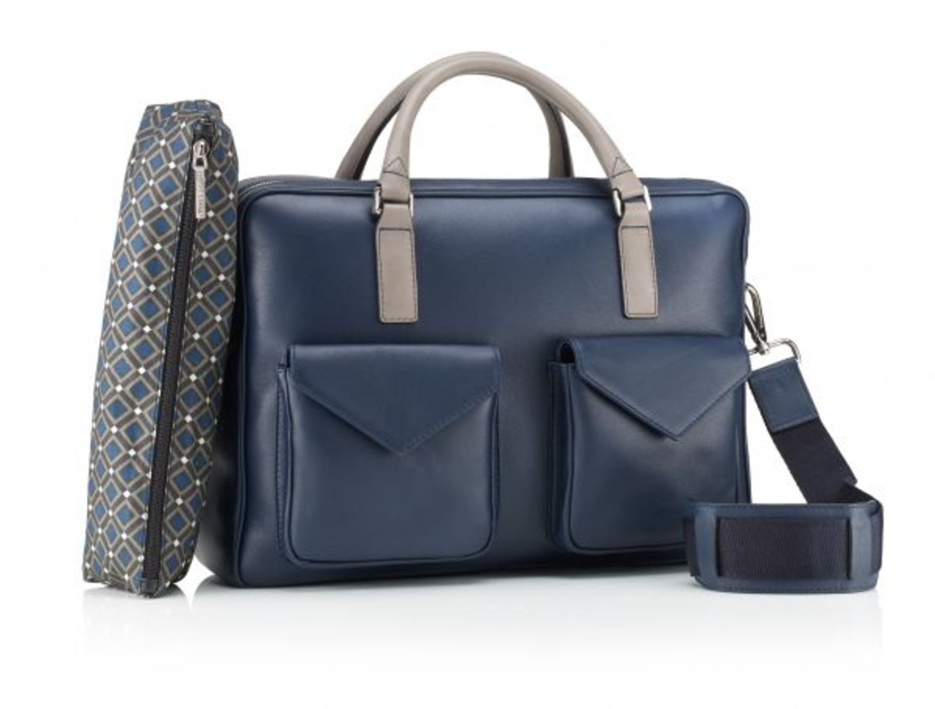 MILANO Double Zip BRIEFCASE MILANO DOUBLE ZIP NAVY COMBO LEATHER WEEKEND BAG WITH 2 POCKETS VENICE