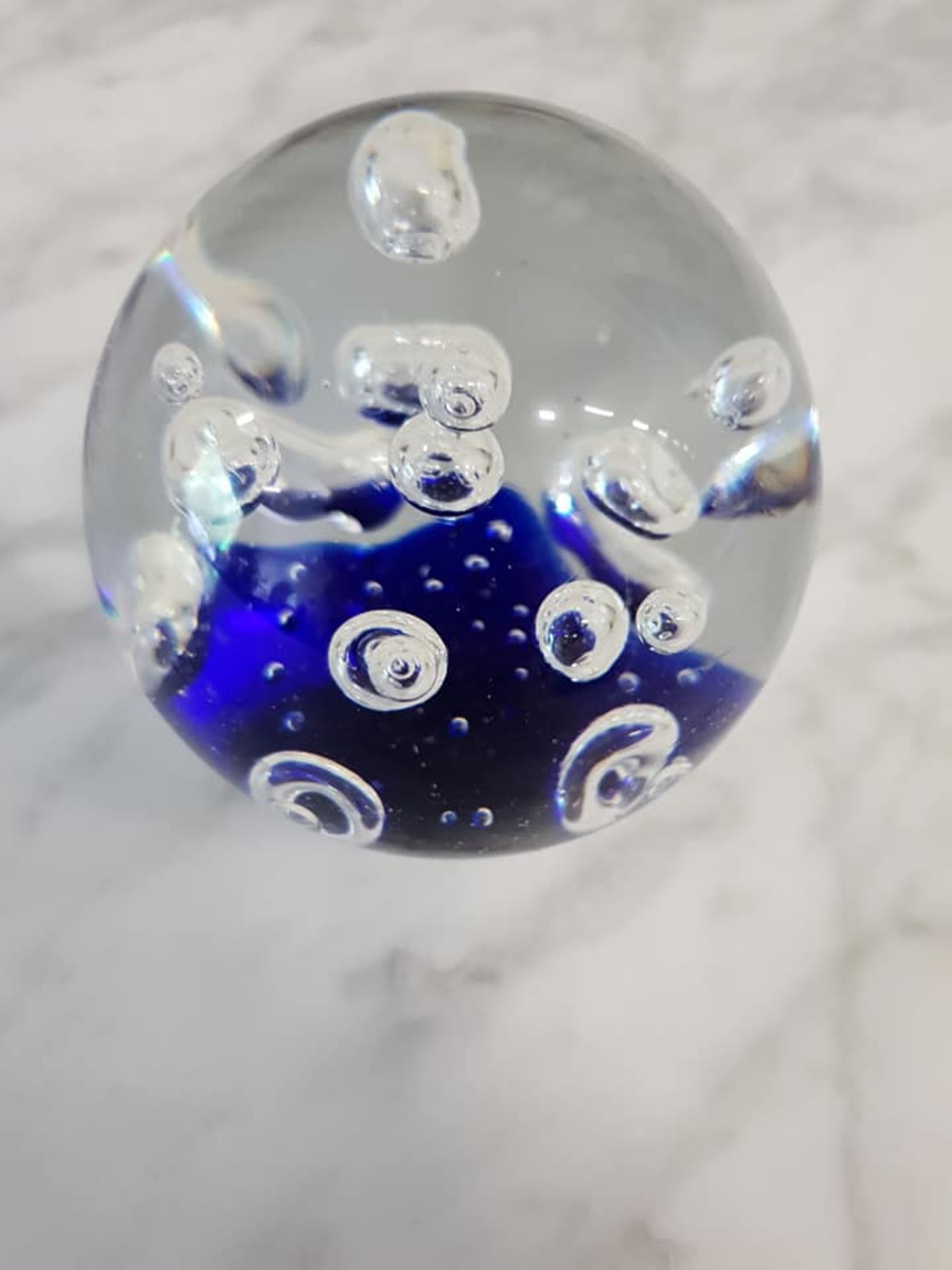 Bohemian blown art glass sphere paperweight 7cm dark navy blue middle with controlled bubbles