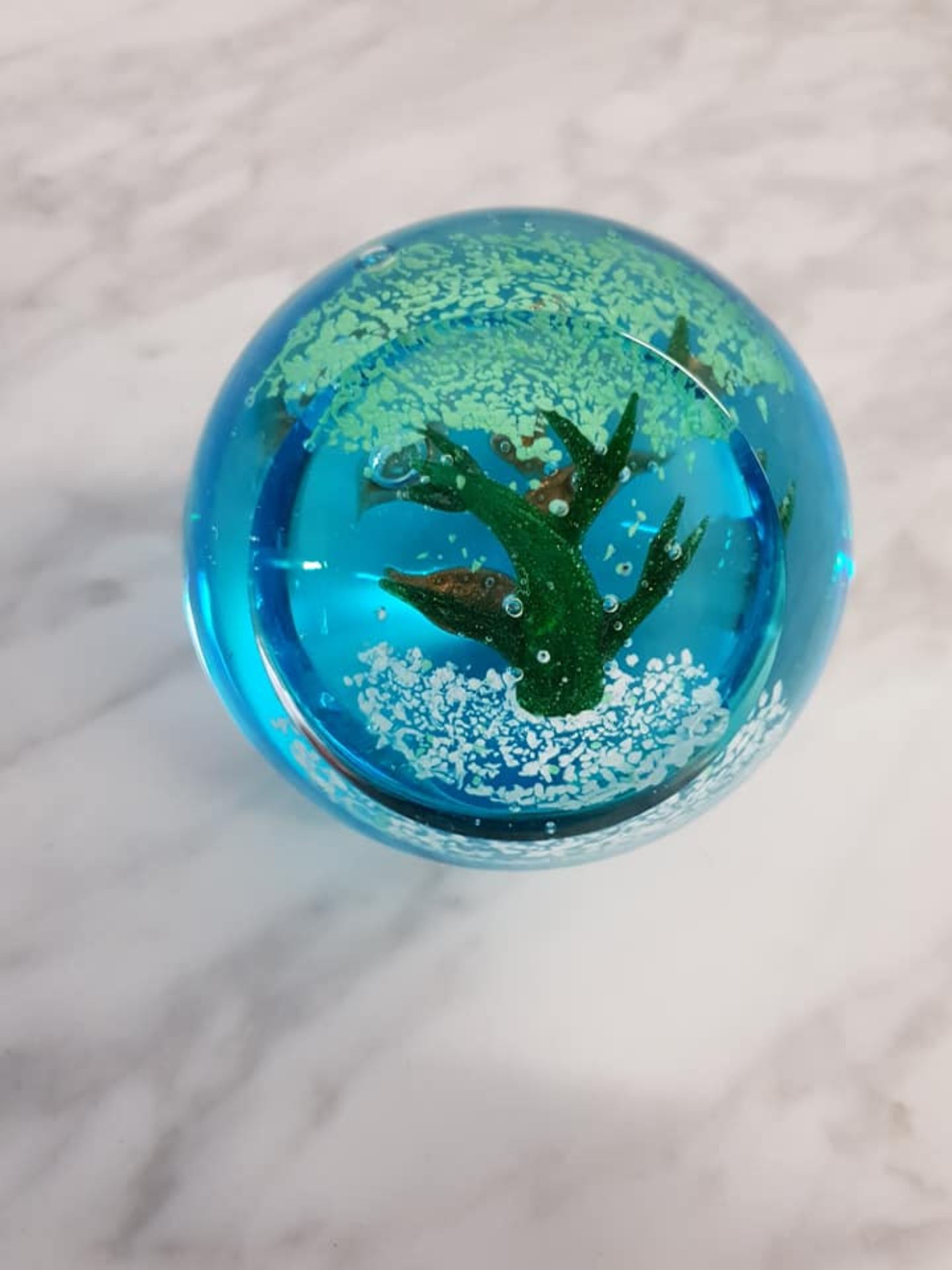 Bohemian blown art glass sphere paperweight 9cm light blu egreen and white with sea plant design