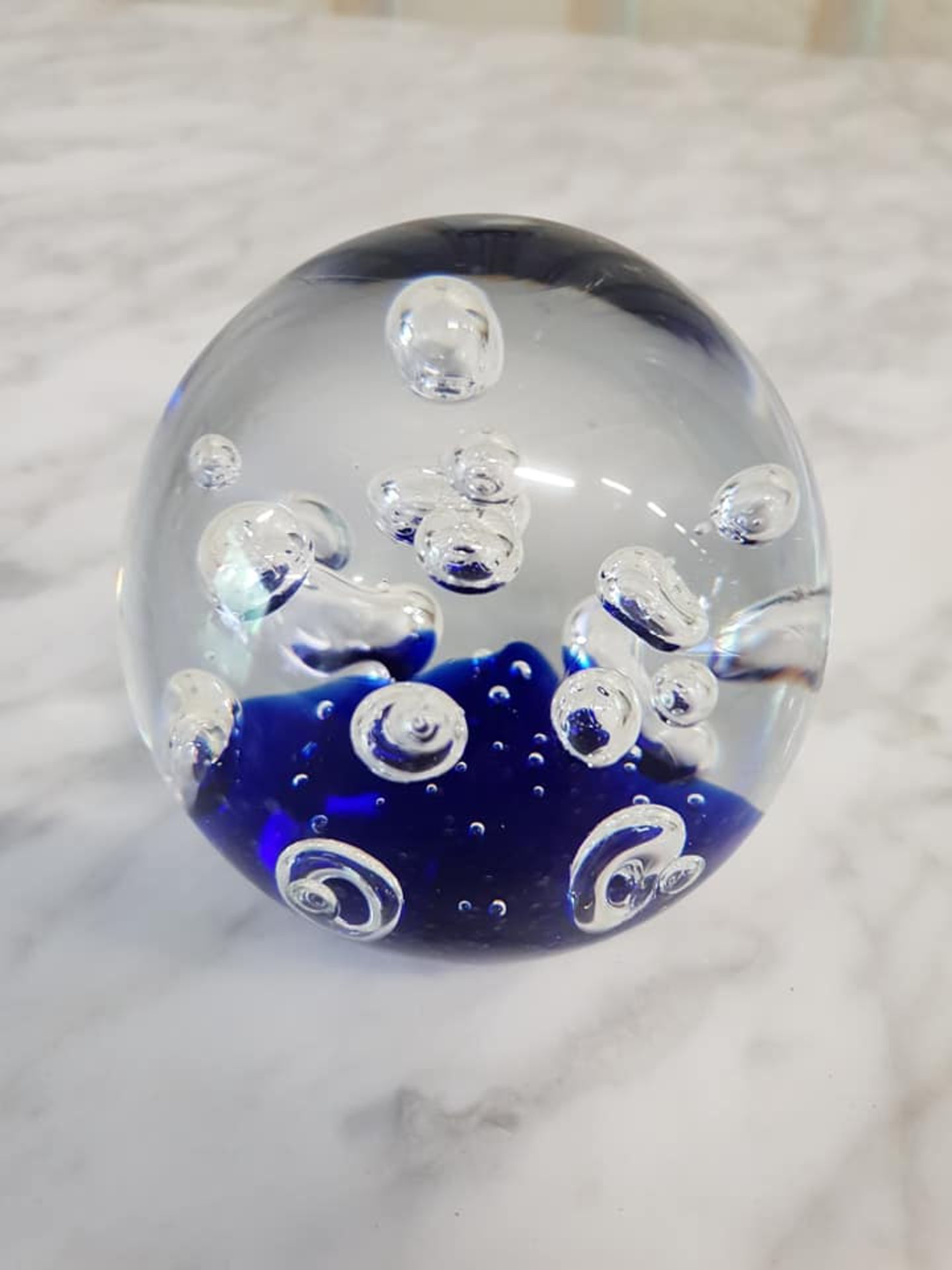 Bohemian blown art glass sphere paperweight 9cm dark navy blue middle with controlled bubbles