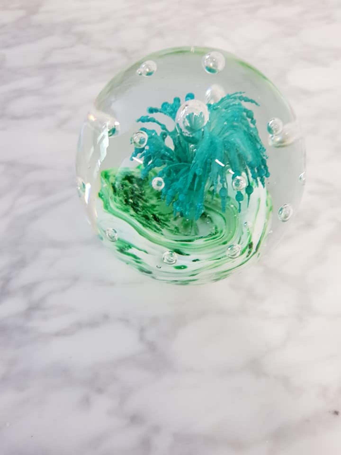 Bohemian blown art glass sphere paperweight 9cm palm tree green with controlled bubble design