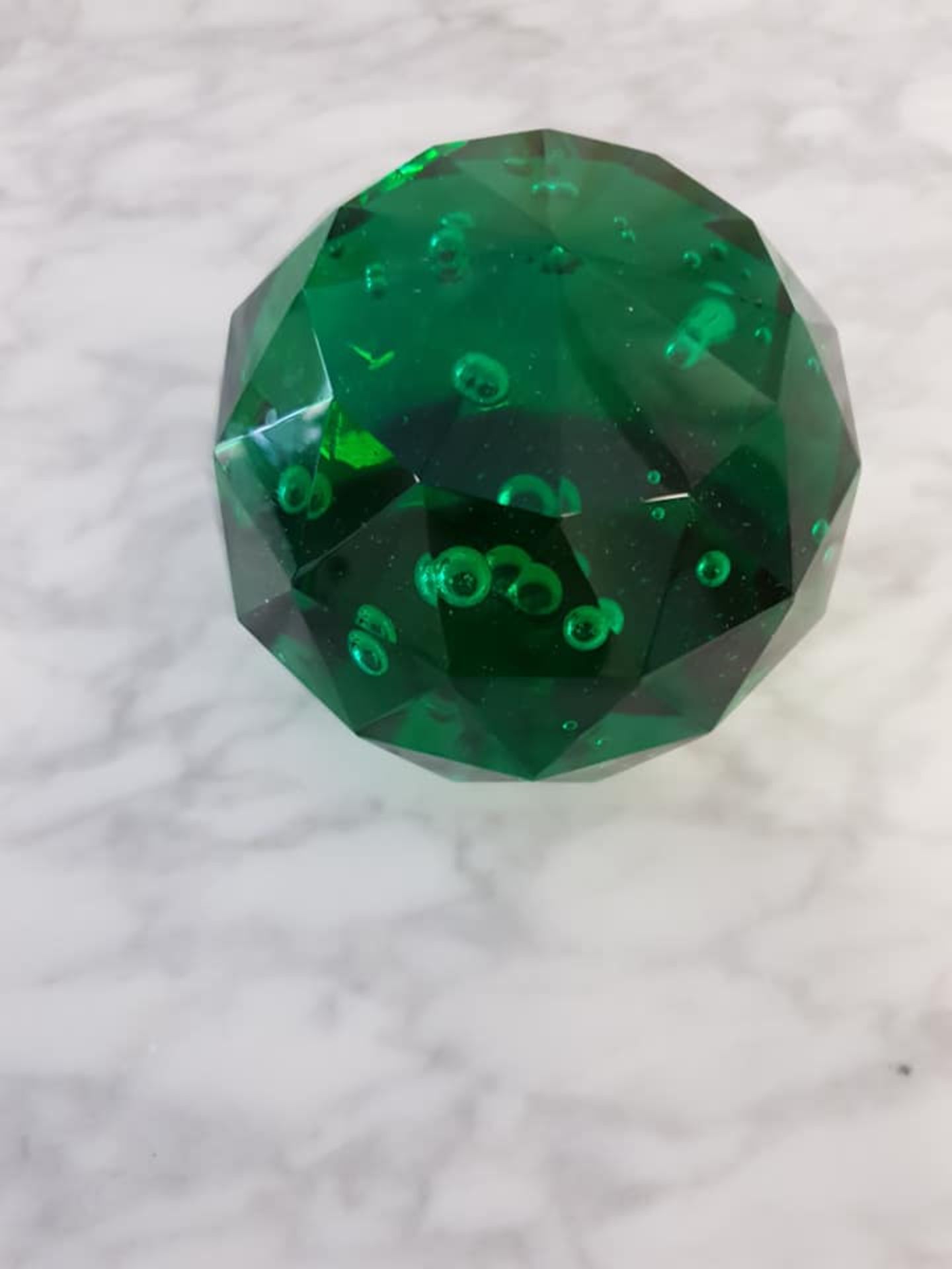 Bohemian blown art glass cut paperweight 11cm emerald green with controlled bubbles design