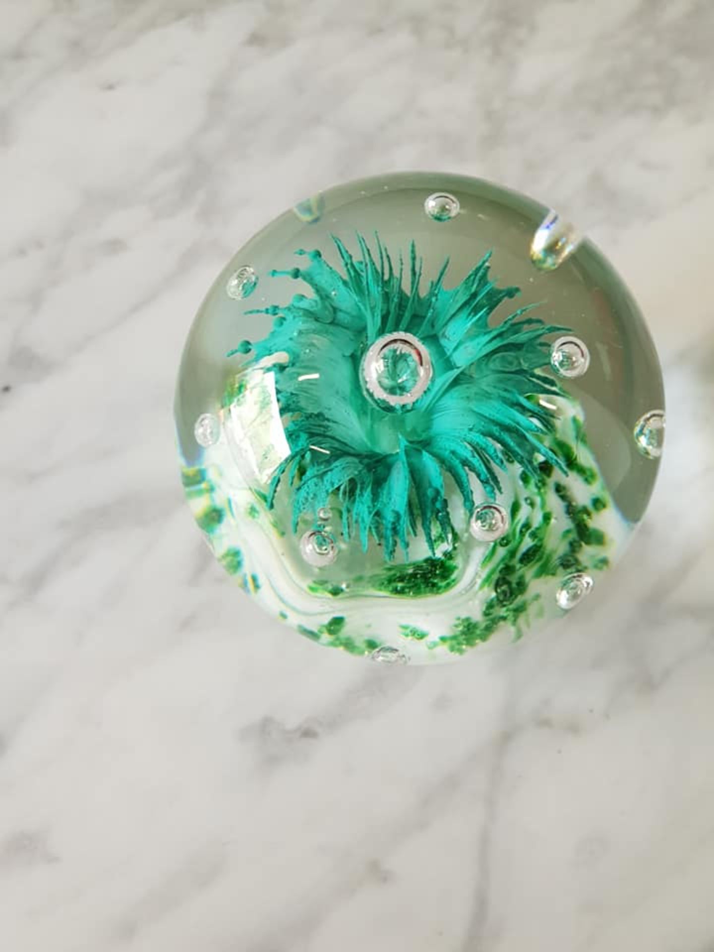 Bohemian blown art glass sphere paperweight 9cm palm tree green with controlled bubble design