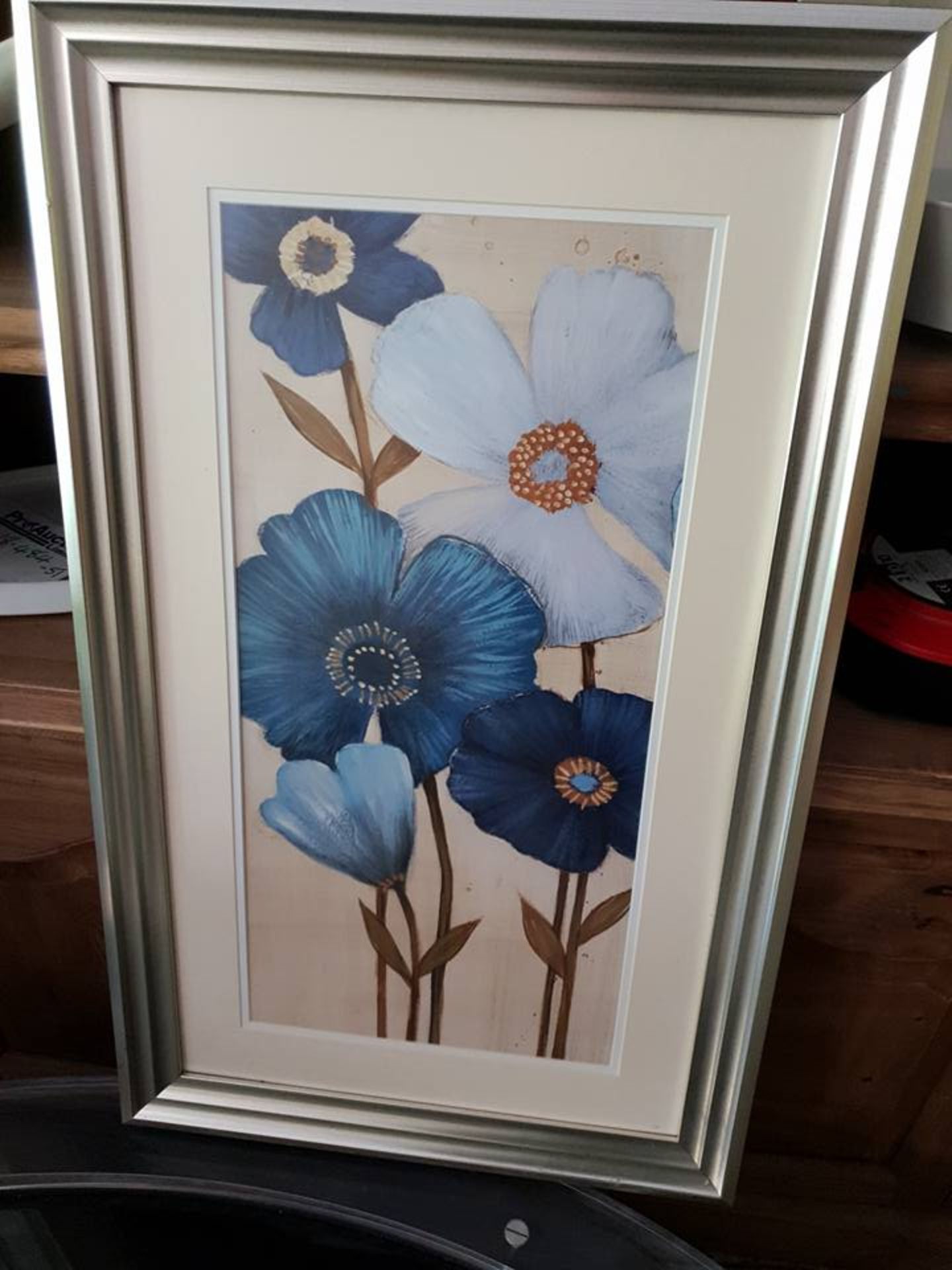 Print flowers in silver wood frame 49 x 80cm