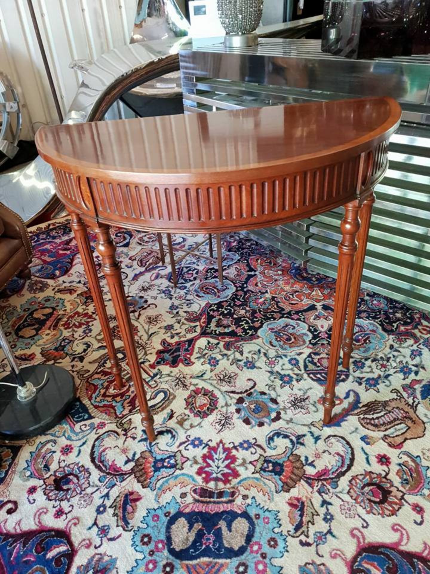 Tempus Stet Creative Productions Ltd Demi Lune Console Table Mahogany mounted on turned legs 80 x 40