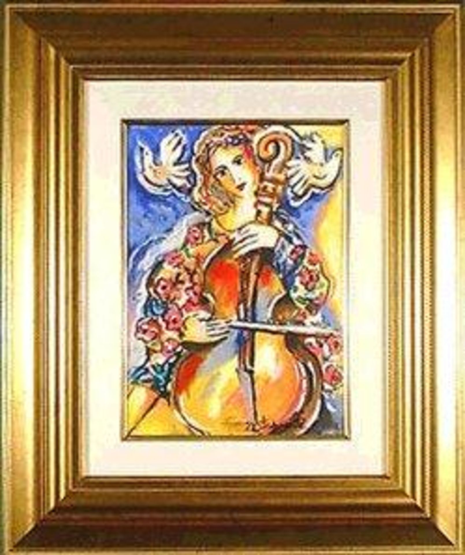 Cellist With Doves Zamy Steynovitz  Signed Glicee  - Mounted and Framed 47x56cm Zamy Steynovitz