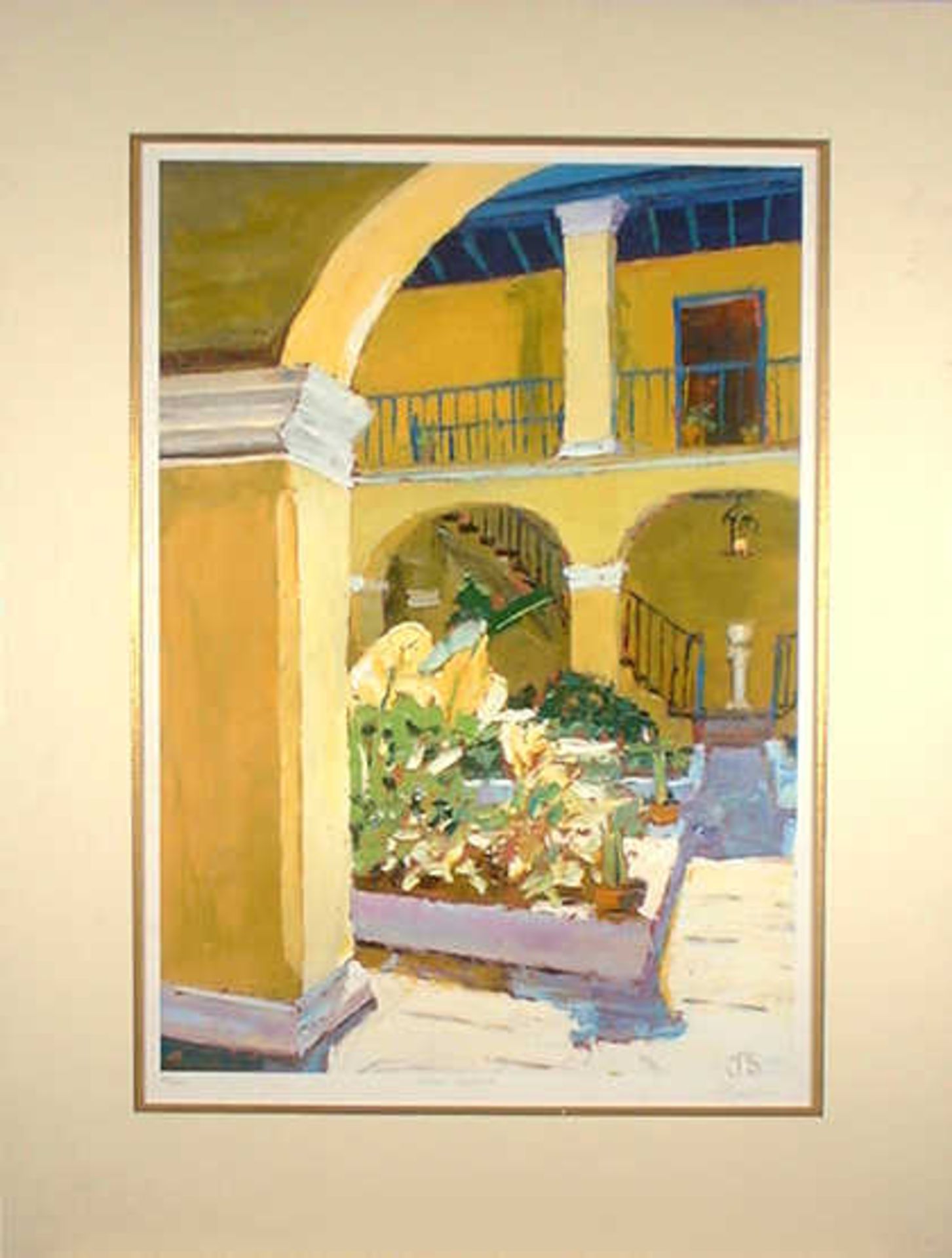 Yellow Courtyard Jeremy Sanders  Limited Edition No 42/250  - Mounted 53x70cm Born in south wales in