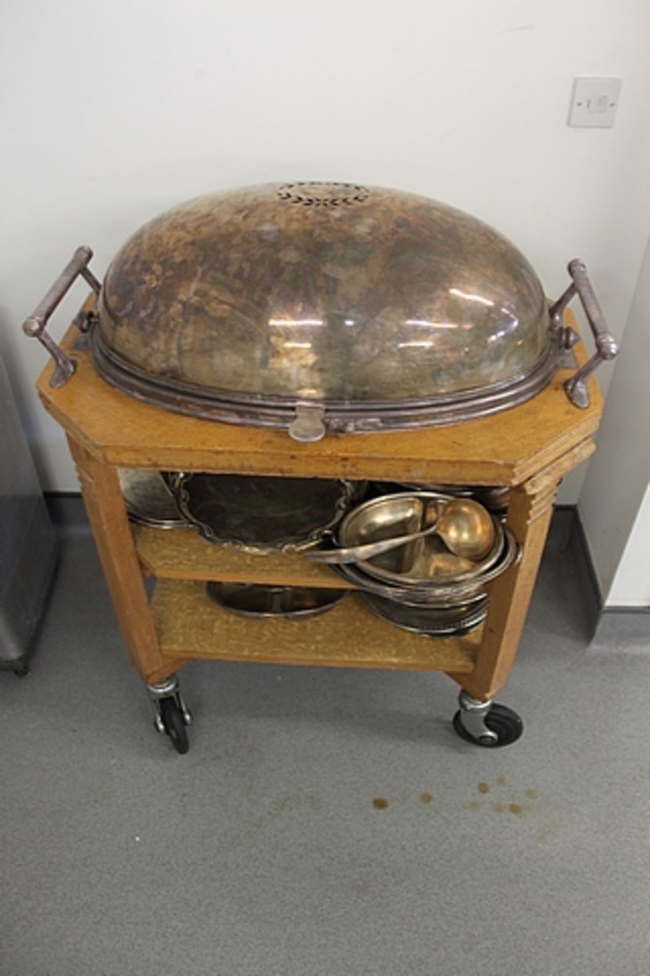 Silver plate dome top rollover serving/carvery trolley on wheeled wooden trolley with baluster