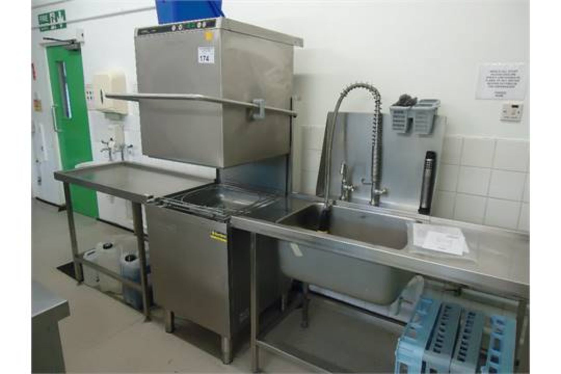 Dishwasher tabling complete with stainless steel commercial sink twin bowl and power spray unit