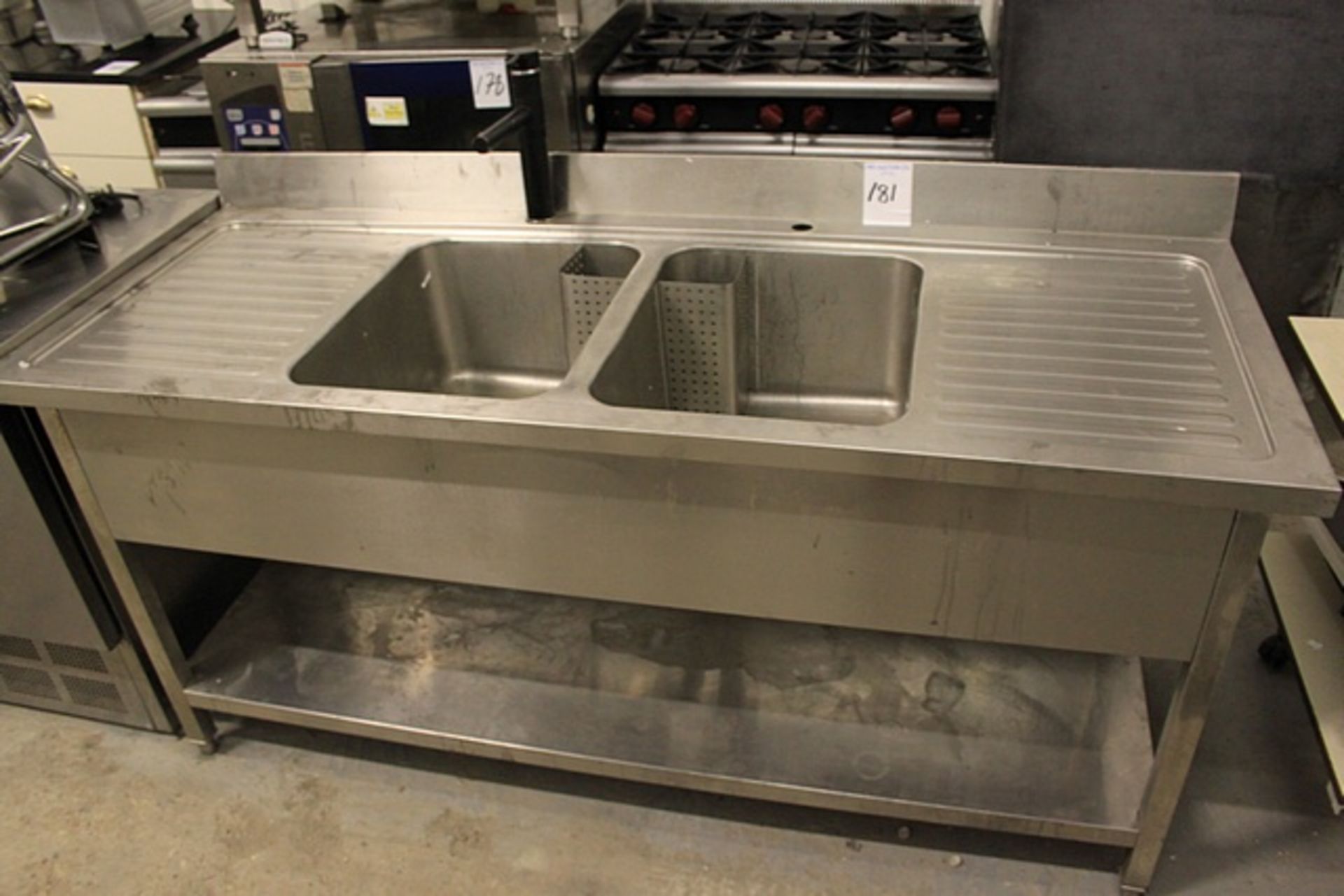 Stainless steel double bowl commercial sink with left and right hand drainer 1800mm