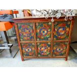 Vintage Chinese Lacquered Hand Painted Cabinet With 4 Opening Doors And 2 Centre Closed Doors Hand