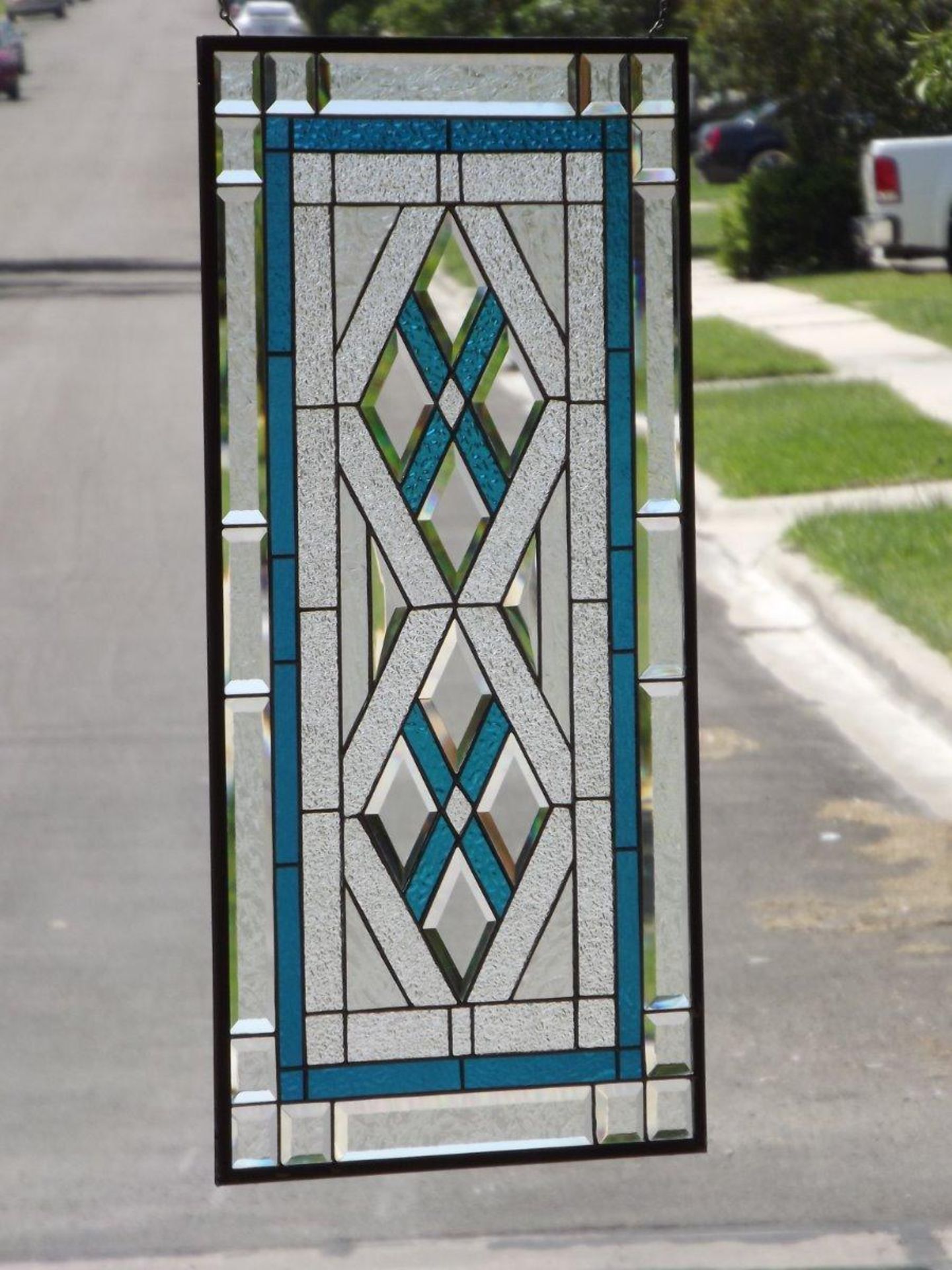 Mystique HUGE-Bevelled Stained Glass Window Panel Bevelled Border Black Zinc Frame Black Solder