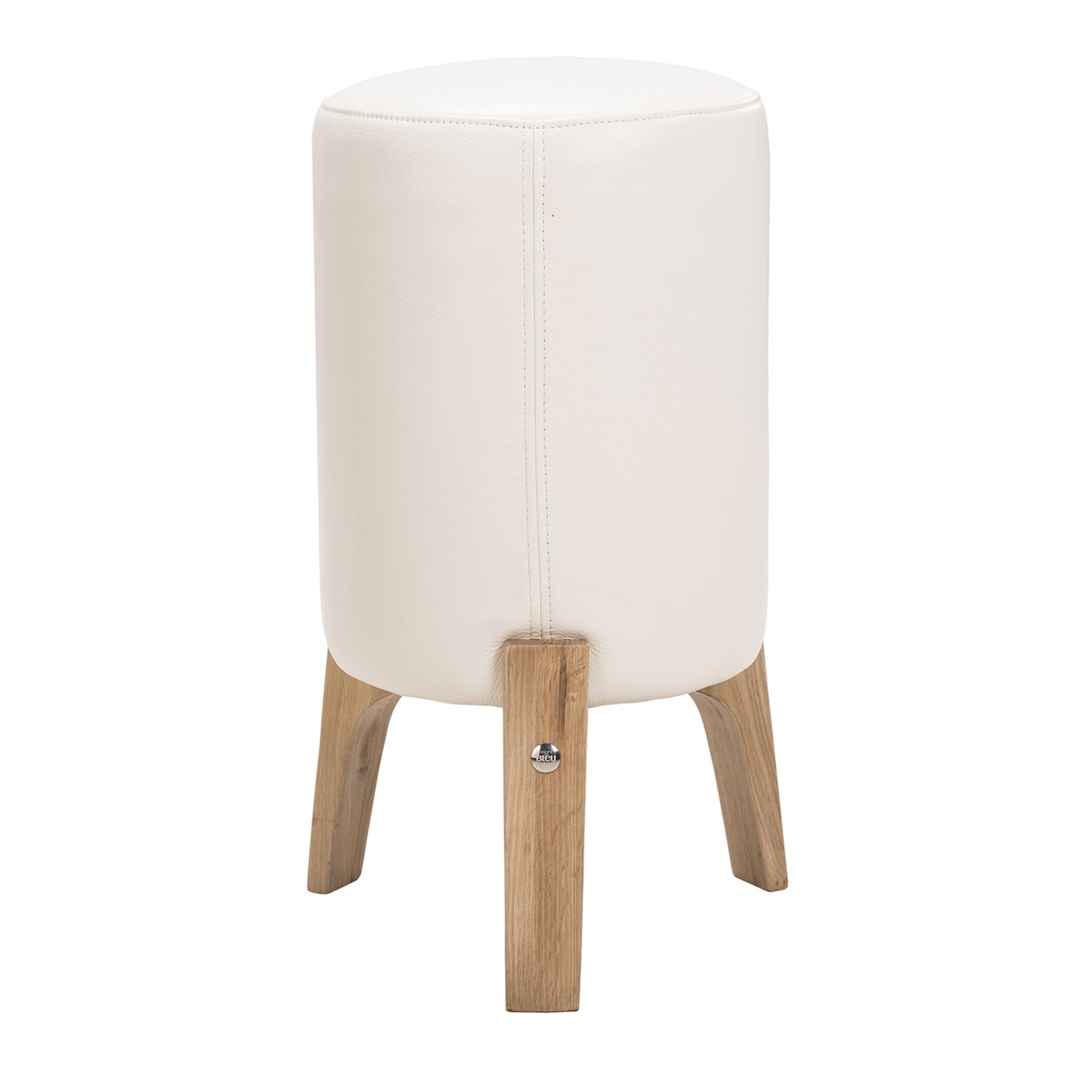 Bleu Nature Drum Stool with Double Stitch Medium White Pebble Leather and Brown Nibbed Oak 36 x 36 x