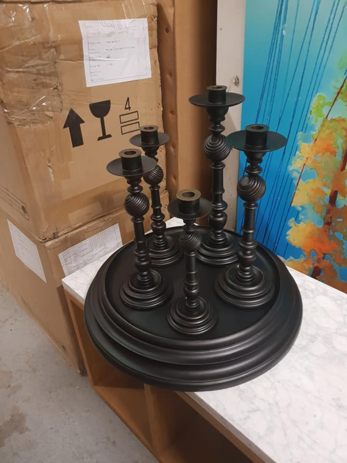 Candle Stick Set Oak Six Single Candlesticks ( Variable Heights) turned in oak and placed on a large