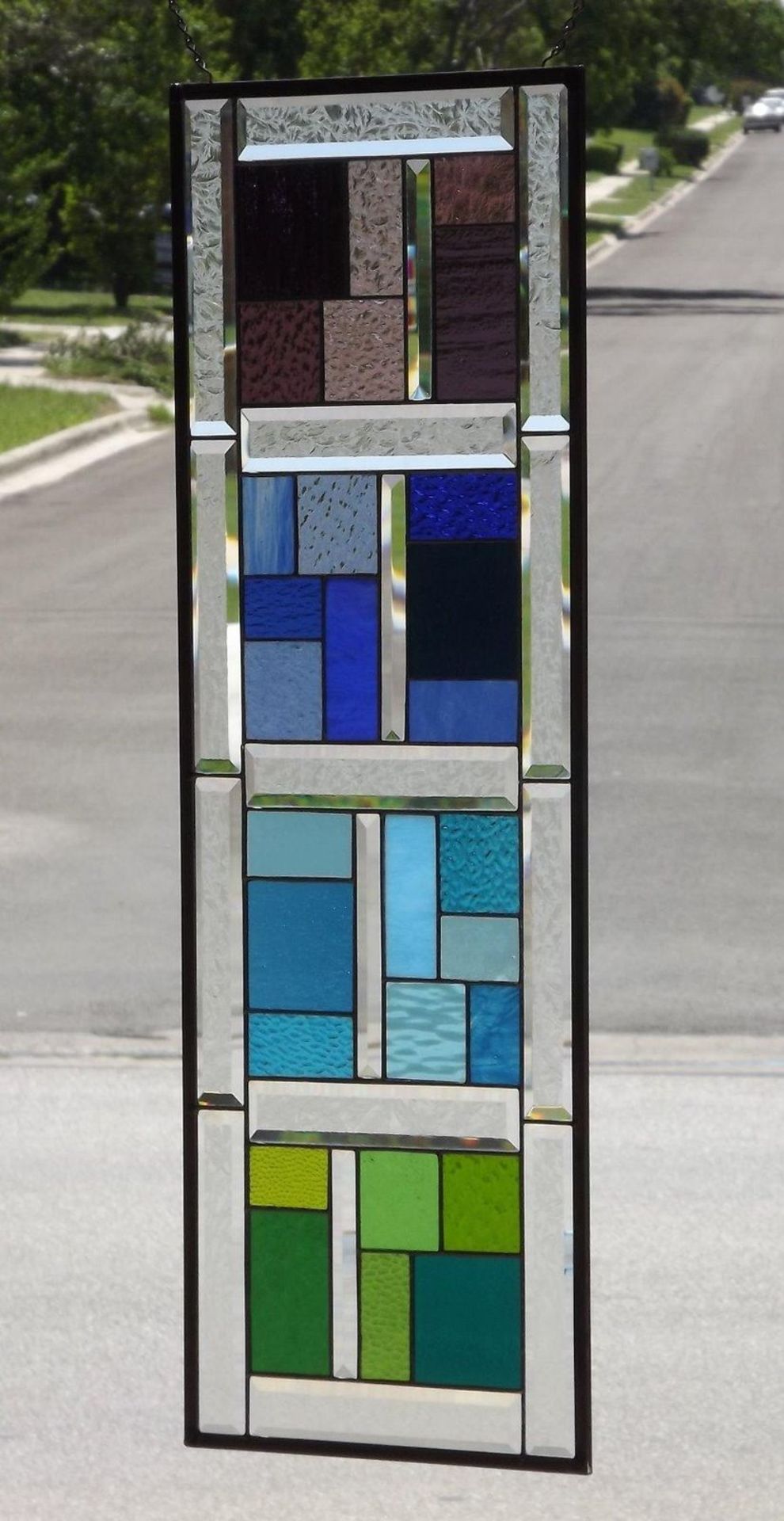 Colourful Life HUGE-Bevelled Stained Glass Window Panel Bevelled Border Black Zinc Frame Black