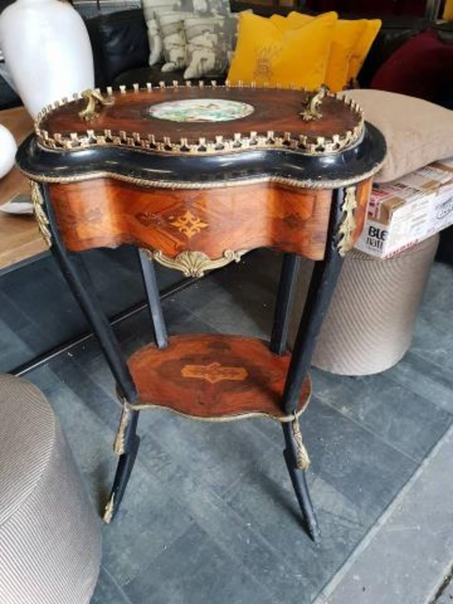 A late 19th Century gilt bronze-mounted amboyna and marquetry work table 83 x 37 x 55cm The kidney-