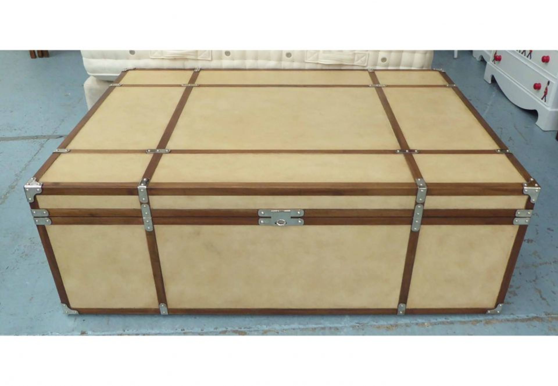 Drake Travel Chest Coffee Table Large Banded And Metal Bound With Opposing End Drawers 132 X 96.1