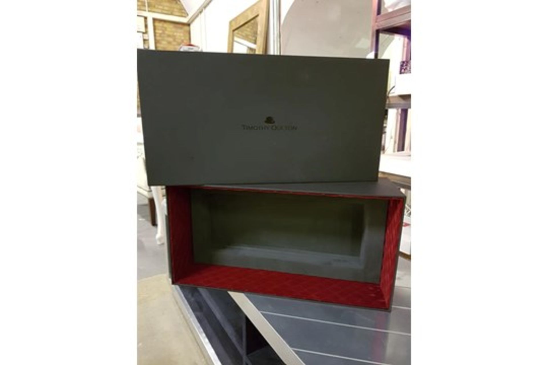 A Luxury Panelled Gift Box With Lid Internally upholstered in Grey With Red Velvet 54 x 28 2 x