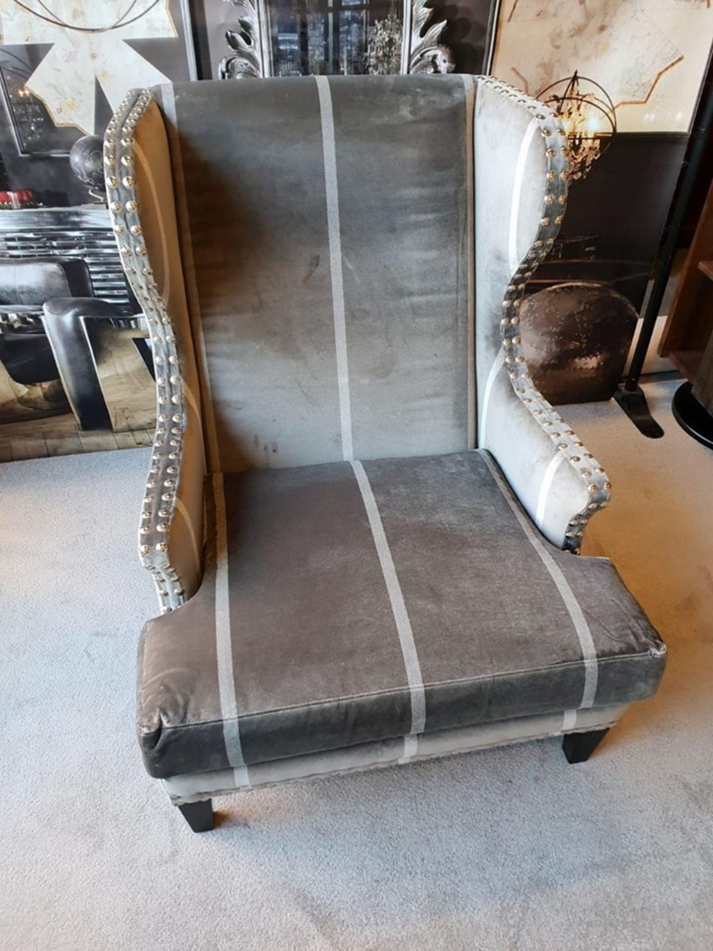 Andrew Martin Fleming Chair Wigmore Stripe Charcoal Stylized Wing Chair Trafalgar Taupe / White, - Image 2 of 4