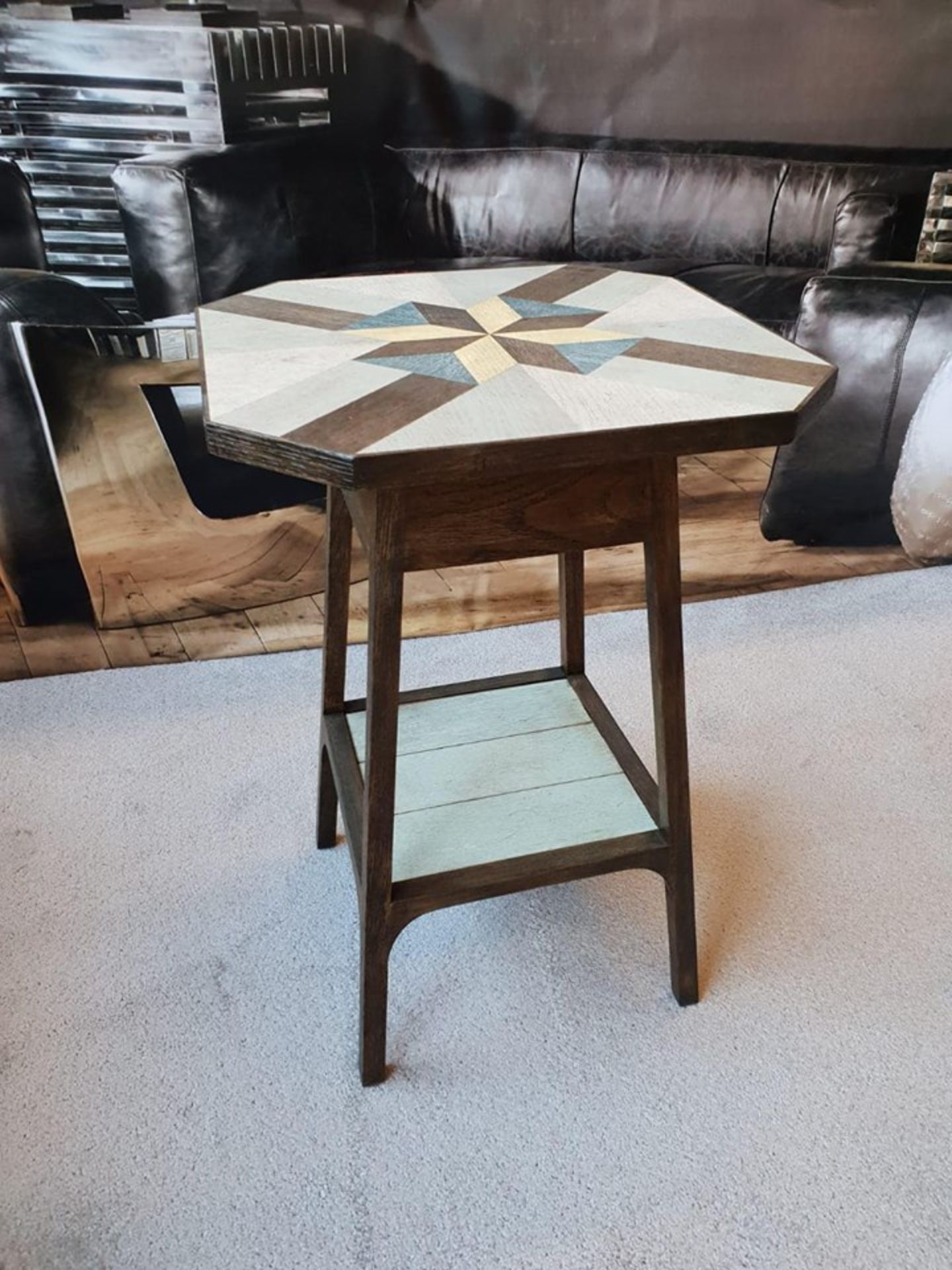 Brittania Oak Accent Table Accent Table With Geometric Quilt Pattern Top In Cream And Sage Green Oak - Image 2 of 2