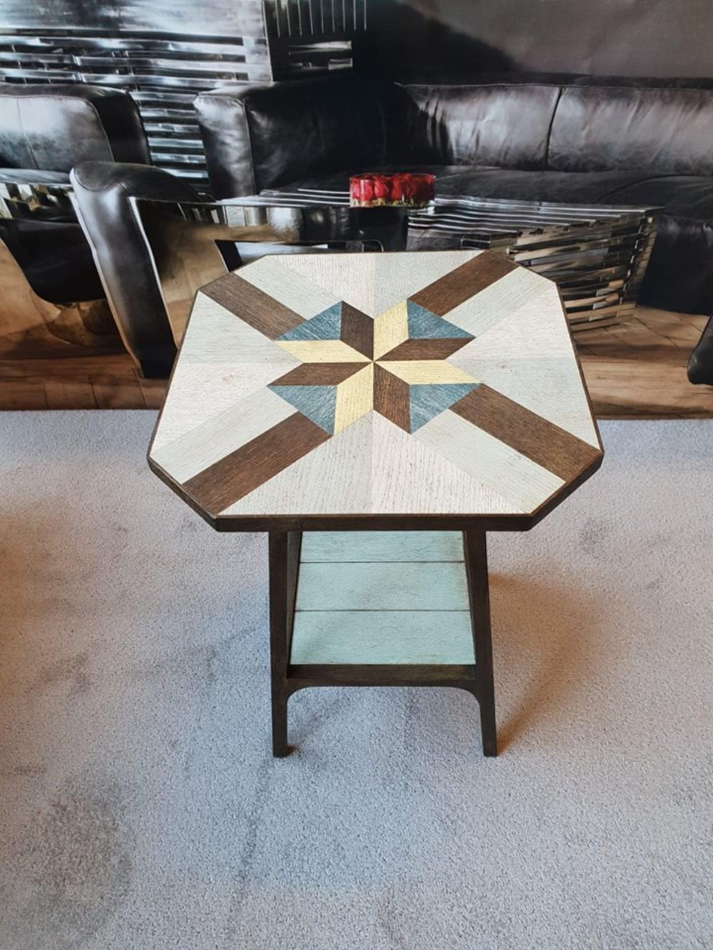 Brittania Oak Accent Table Accent Table With Geometric Quilt Pattern Top In Cream And Sage Green Oak
