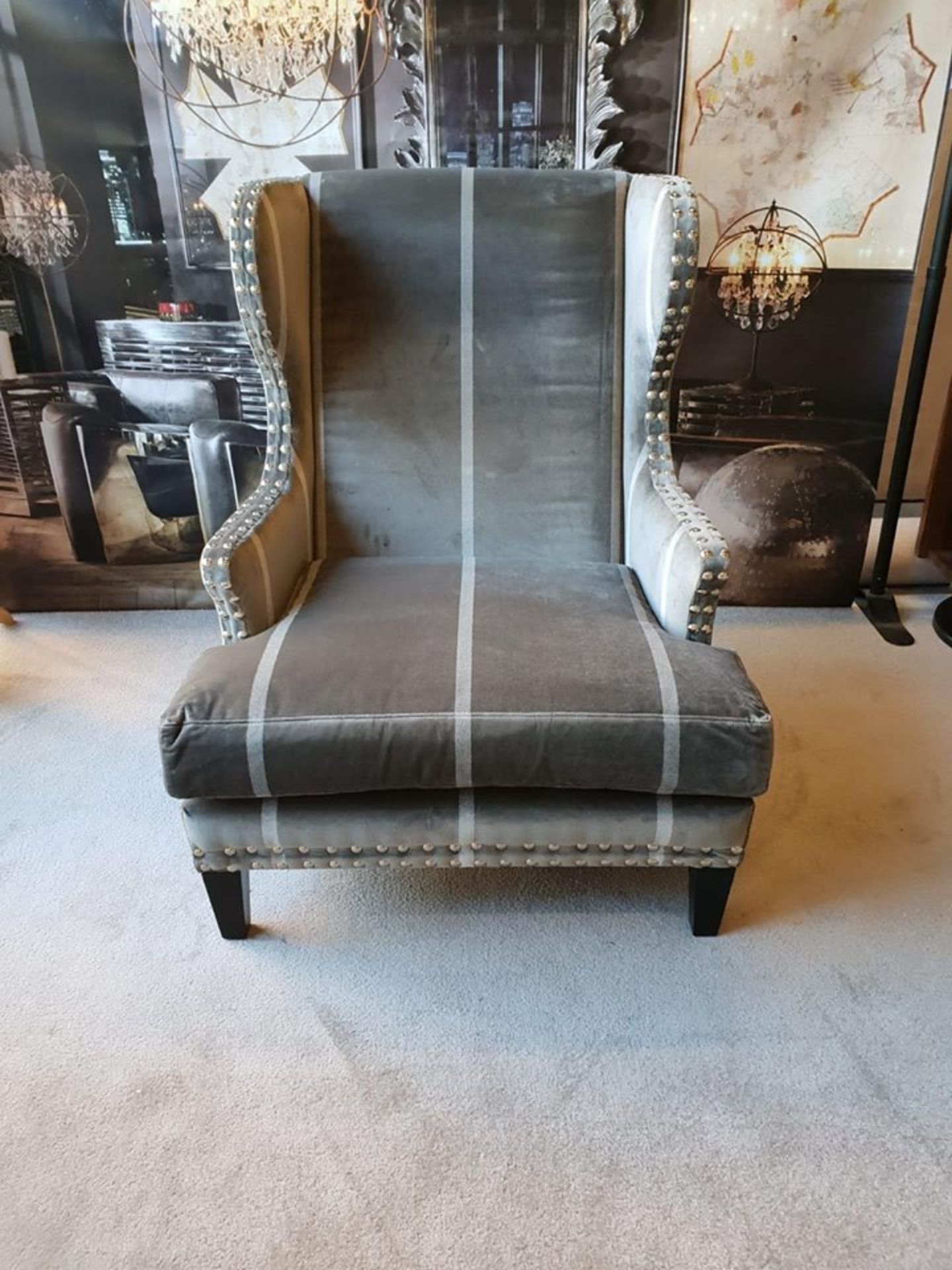 Andrew Martin Fleming Chair Wigmore Stripe Charcoal Stylized Wing Chair Trafalgar Taupe / White,