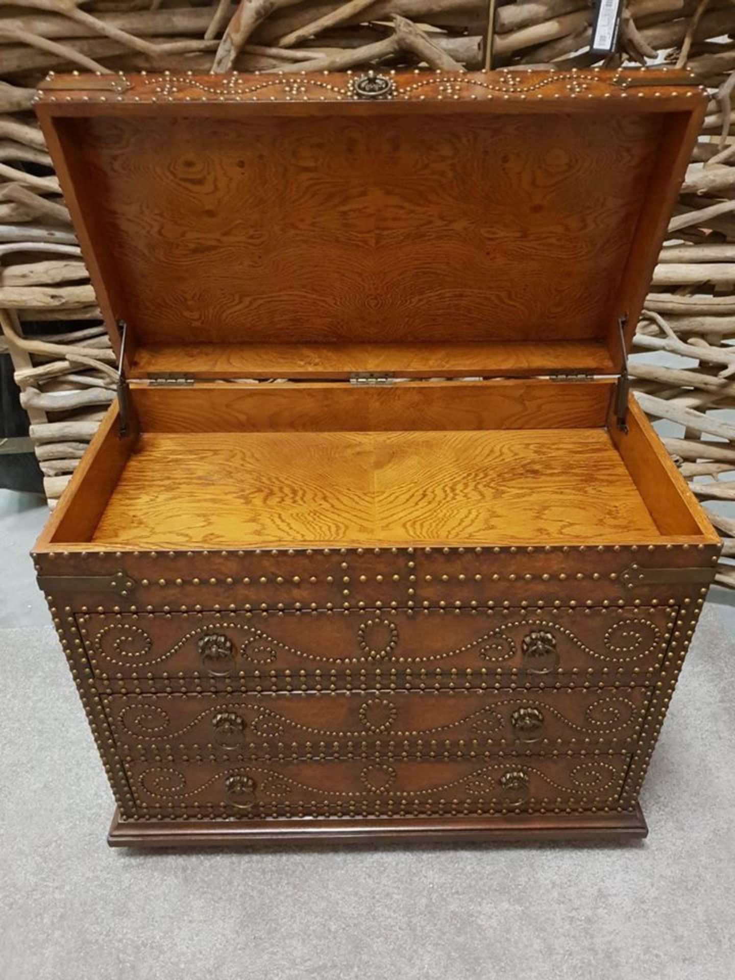 Couriers Chest 3 Drawer Chest With Lid Soft Antique Hickory Burl Chest With Top Lid And Drawers - Image 2 of 3