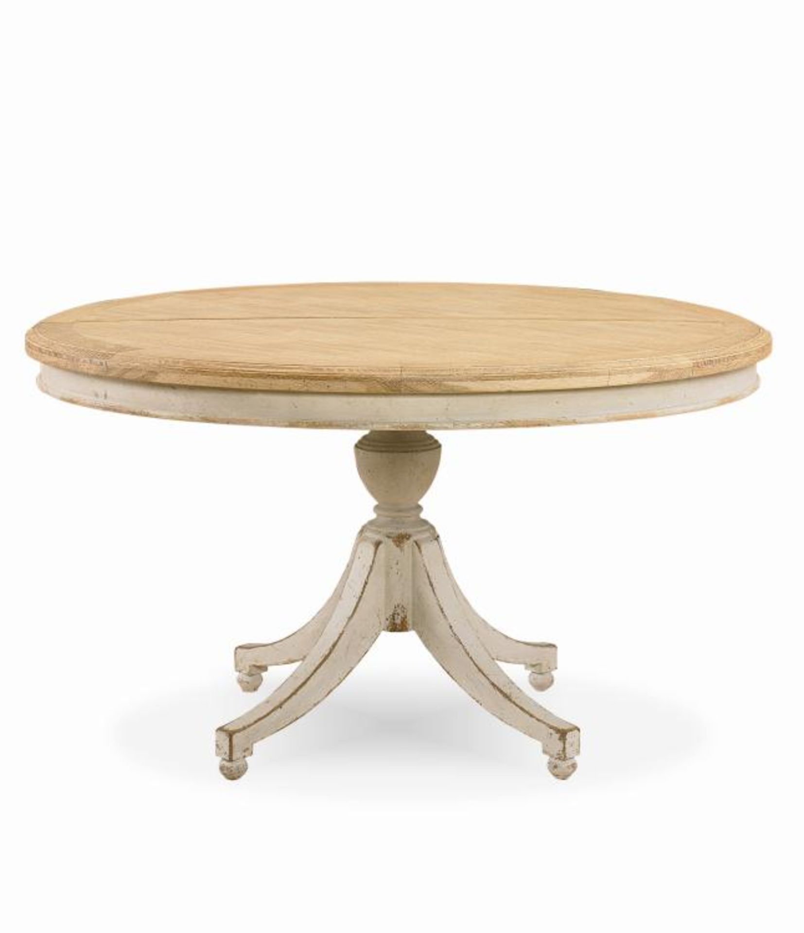 Madeline Single Pedestal Table The Base Finished In A Neutral Swedish Worn Grey Paint And The Oak