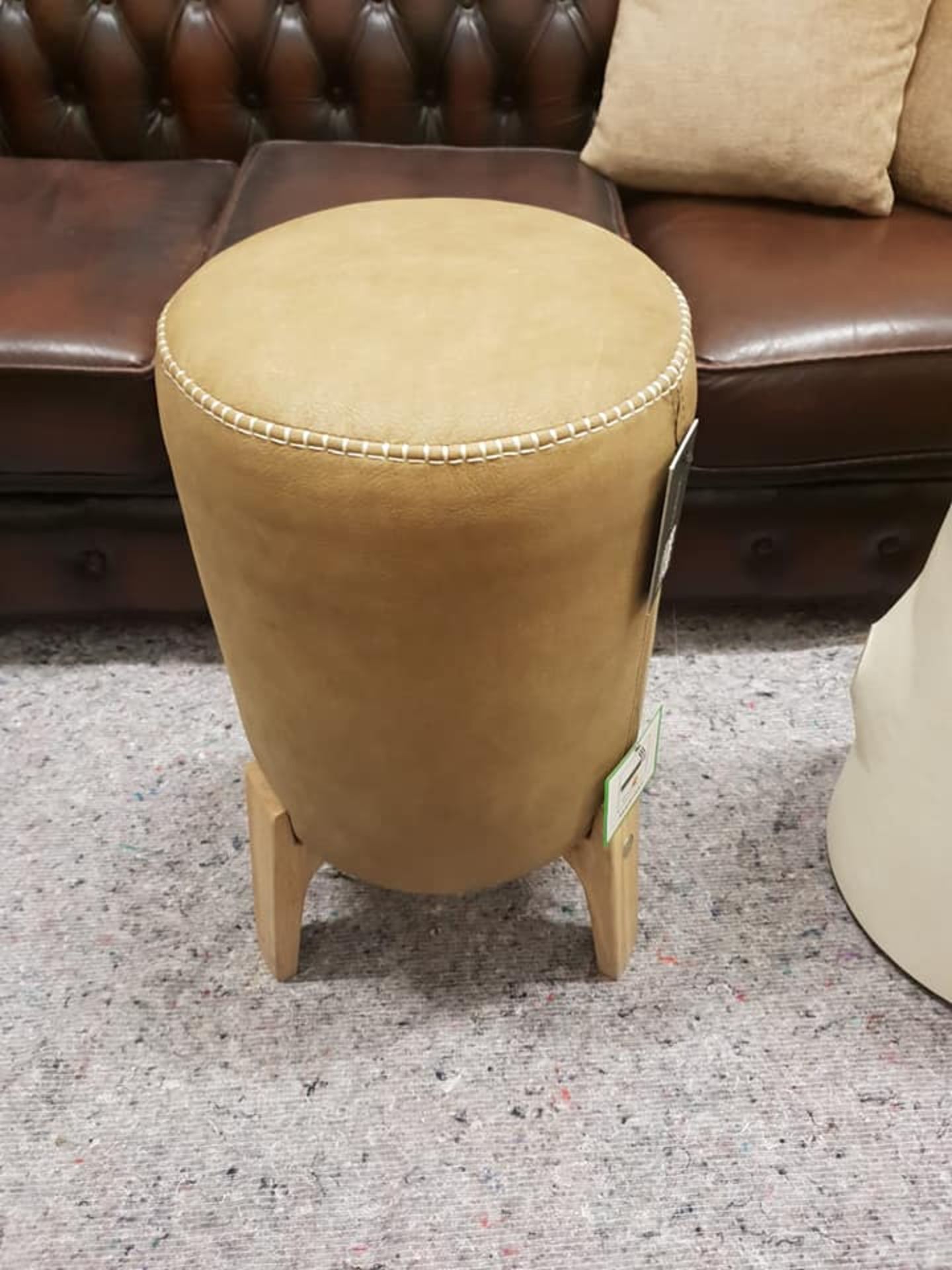 Stool - Bleu Nature Drum Stool With New Stitch Large Pawnee Tan Leather and Brown Nibbed Oak 36 x 36 - Image 2 of 2