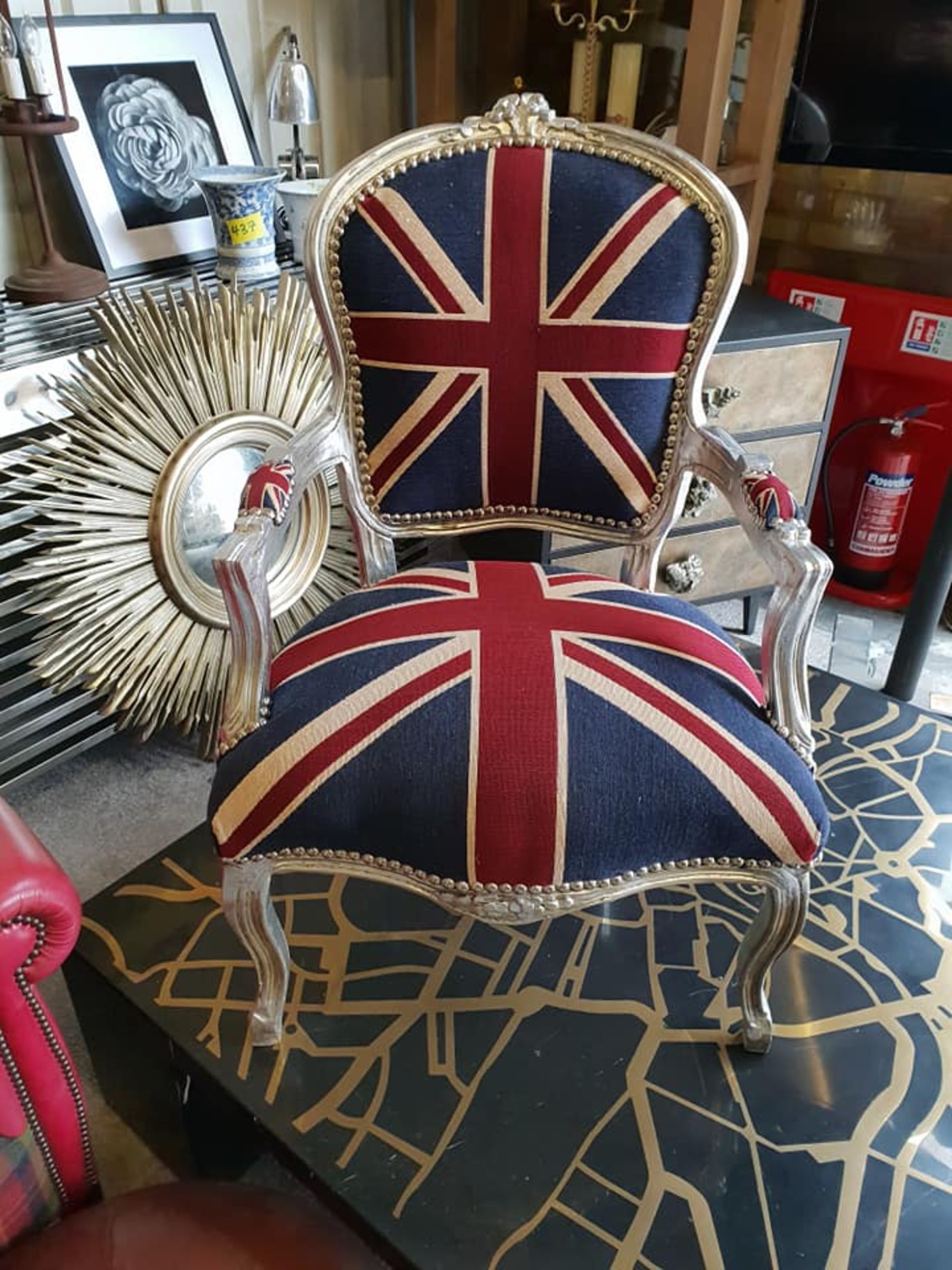 Carver Chair Union Jack Silver Frame with Cotton Union Jack Padded Seat & Back with Stud Pins