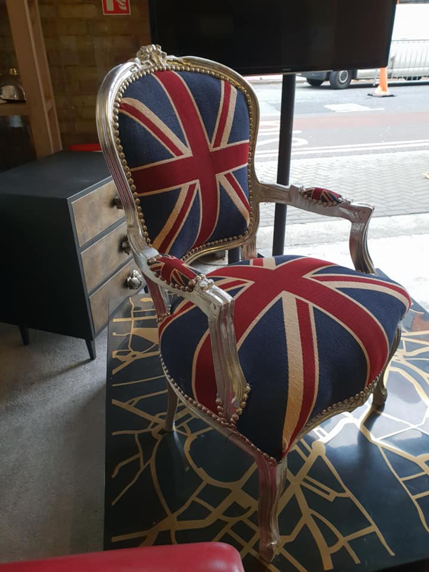 Carver Chair Union Jack Silver Frame with Cotton Union Jack Padded Seat & Back with Stud Pins Width - Image 3 of 5